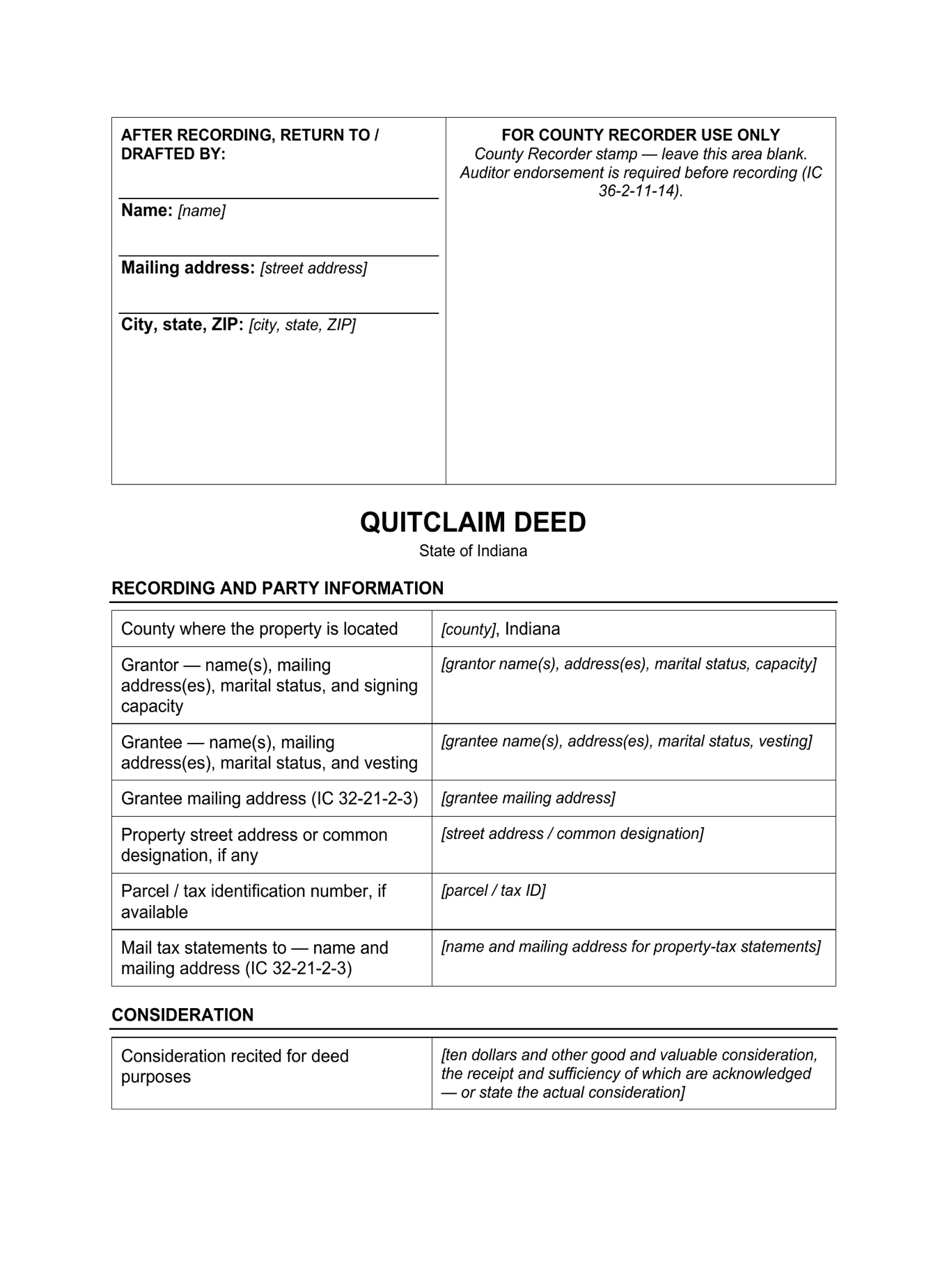 Page 1 of the blank Indiana Quitclaim Deed included in the download