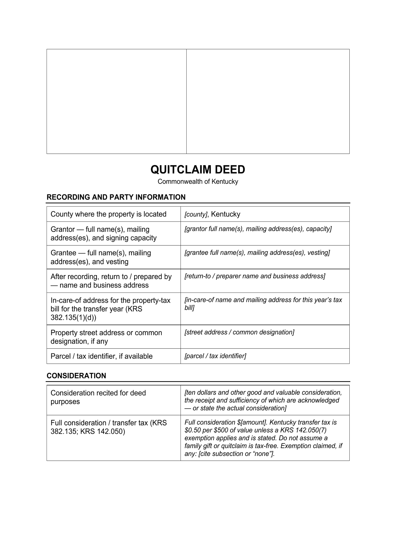 Page 1 of the blank Kentucky Quitclaim Deed included in the download
