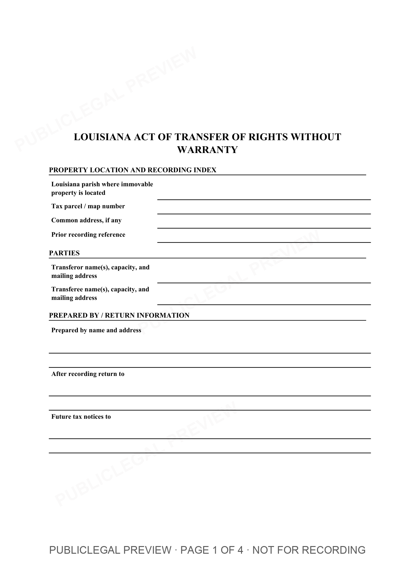 Page 1 of the blank Louisiana Quitclaim Deed included in the download