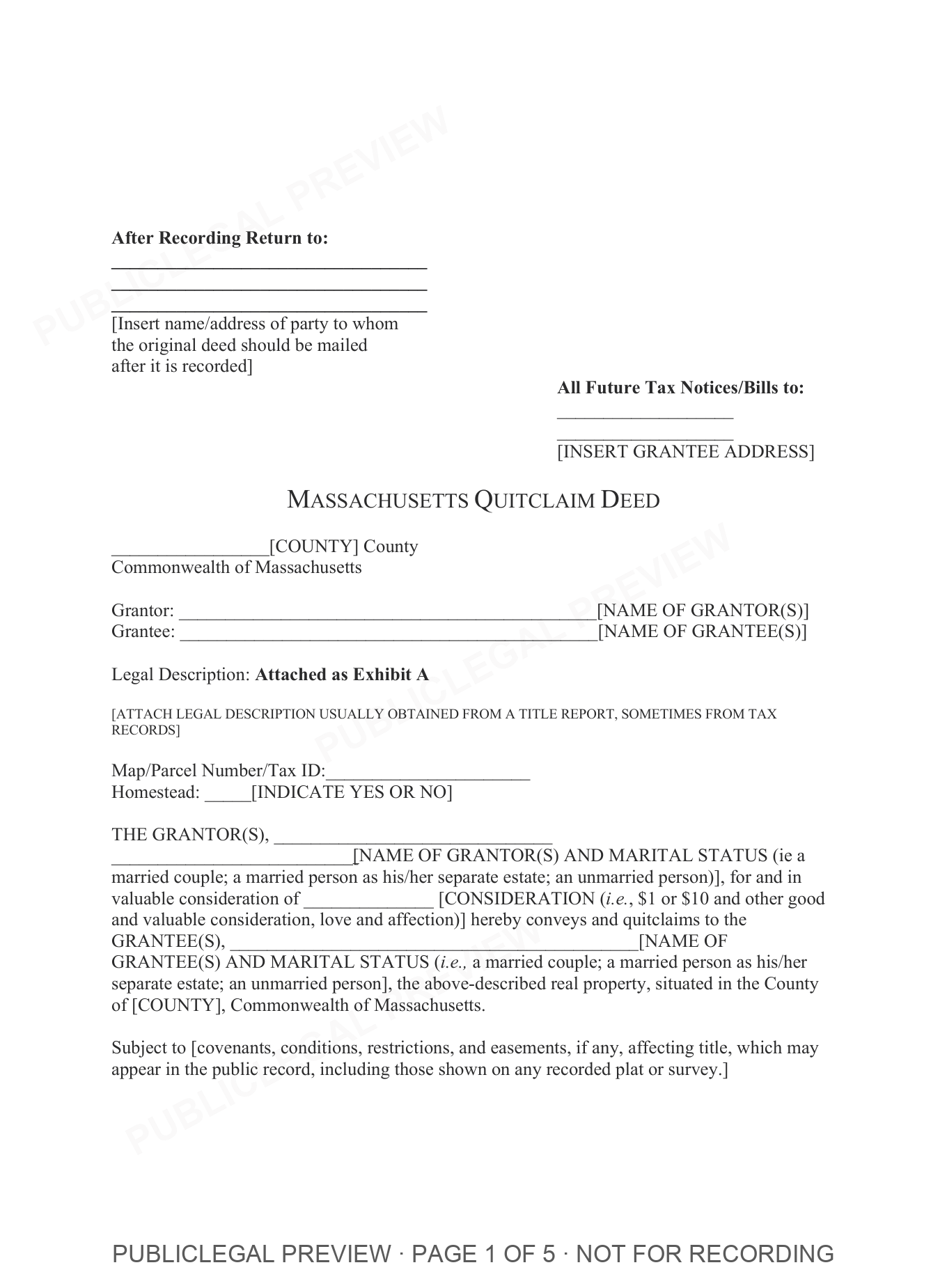 Page 1 of the blank Massachusetts Quitclaim Deed included in the download