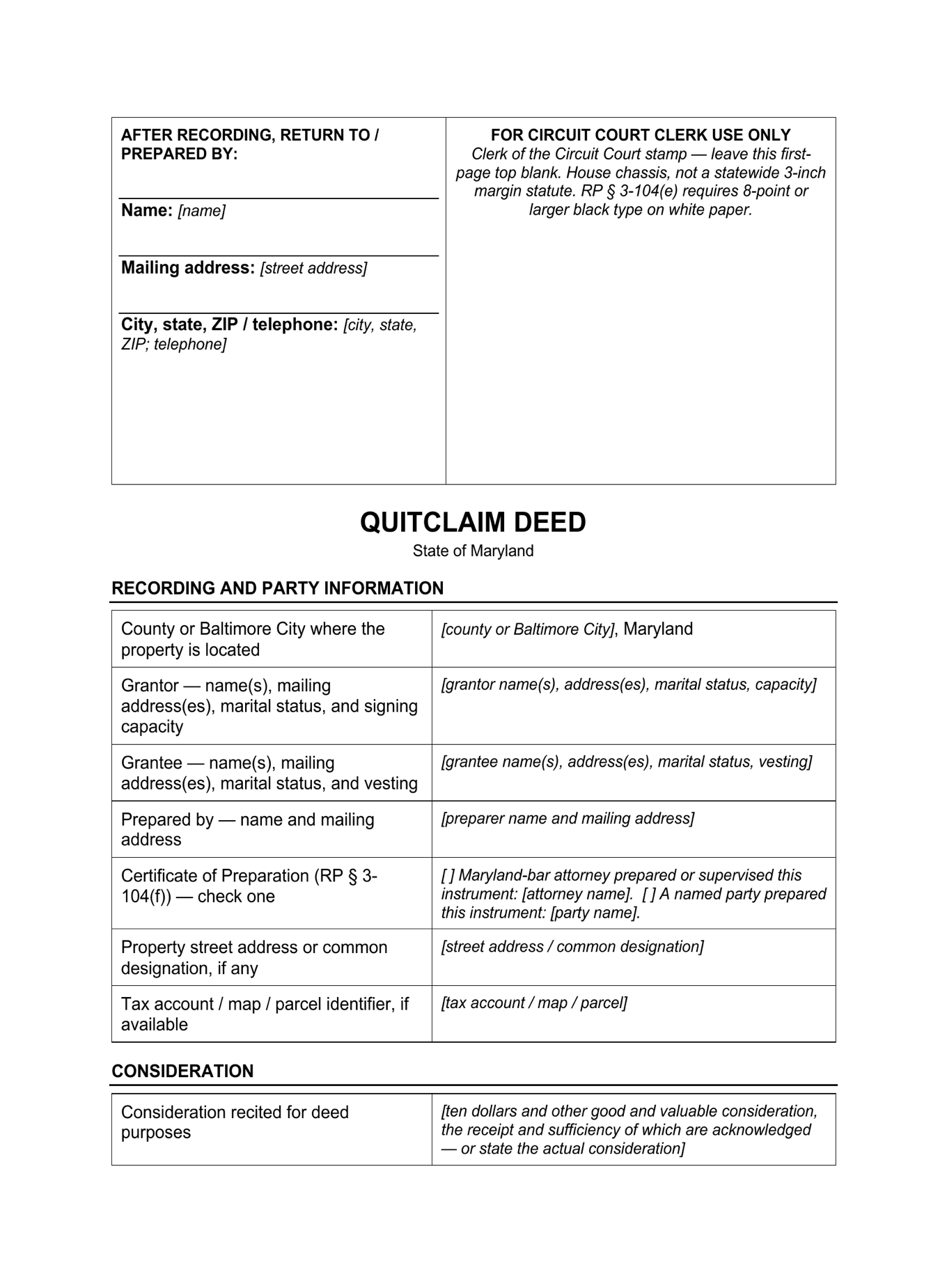 Page 1 of the blank Maryland Quitclaim Deed included in the download