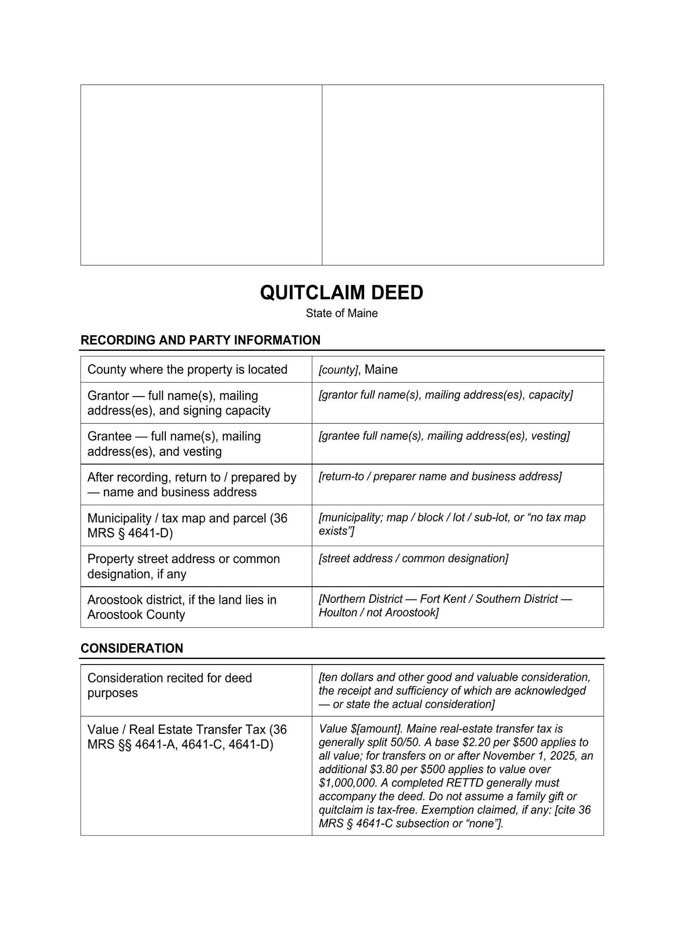 Page 1 of the blank Maine Quitclaim Deed included in the download