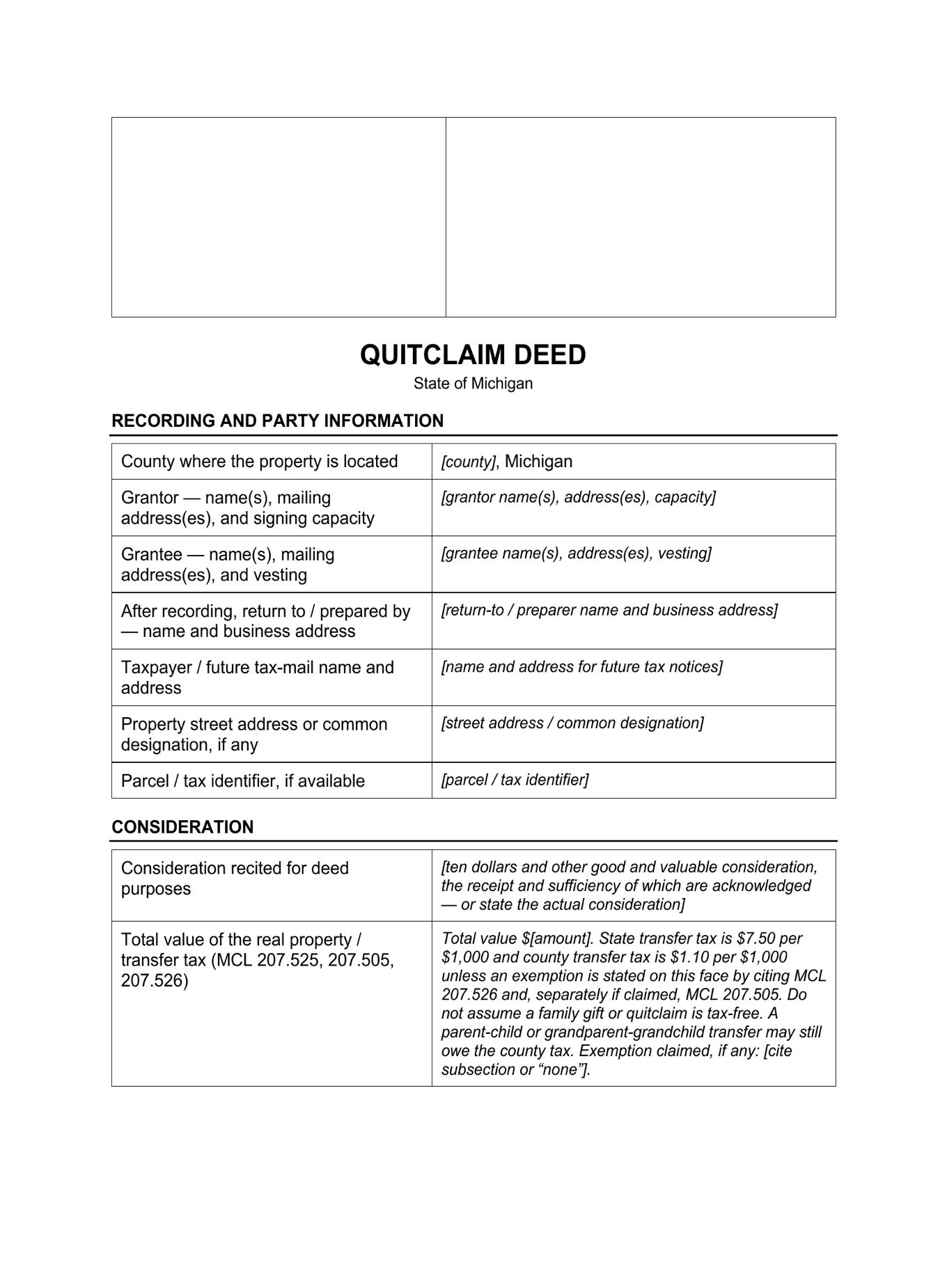 Page 1 of the blank Michigan Quitclaim Deed included in the download
