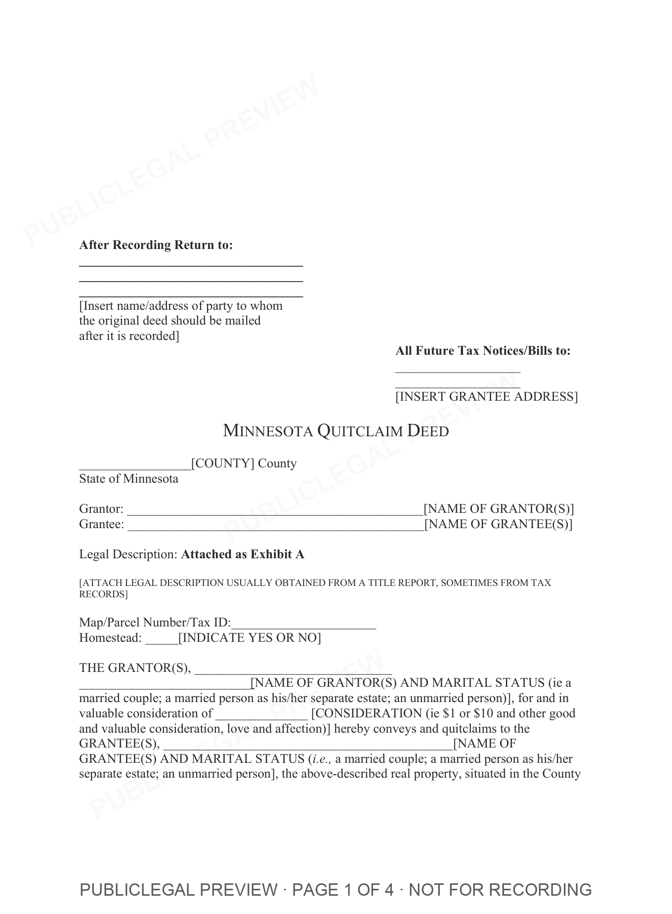 Page 1 of the blank Minnesota Quitclaim Deed included in the download