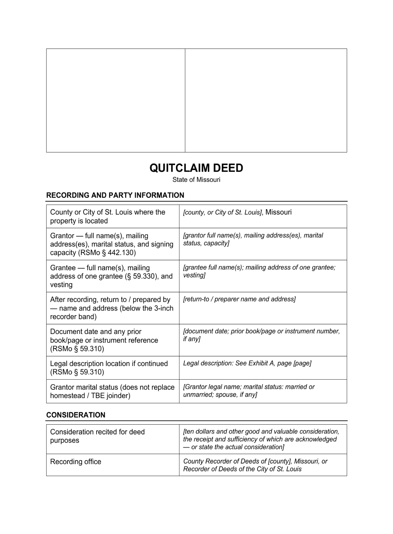 Page 1 of the blank Missouri Quitclaim Deed included in the download