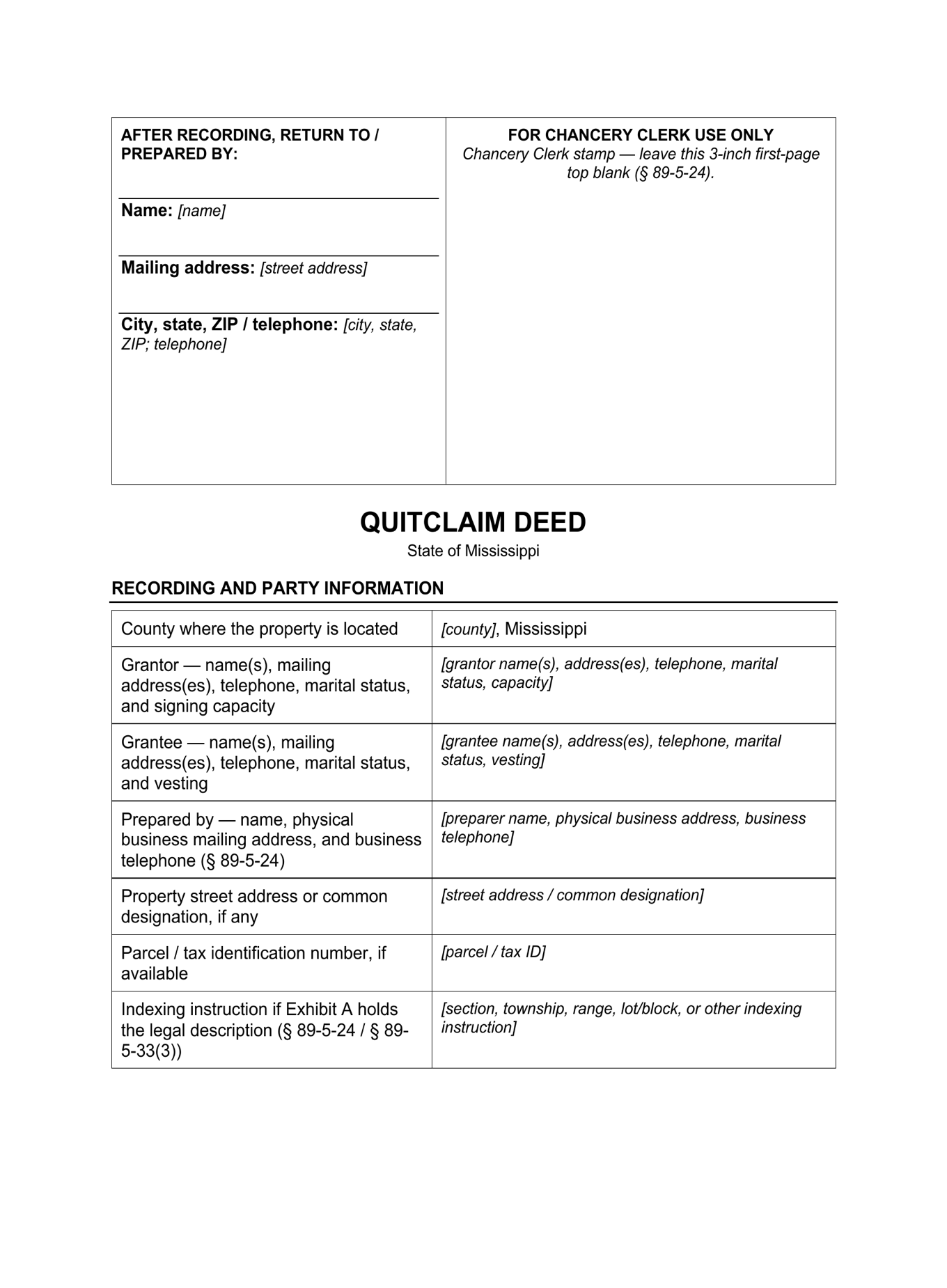 Page 1 of the blank Mississippi Quitclaim Deed included in the download