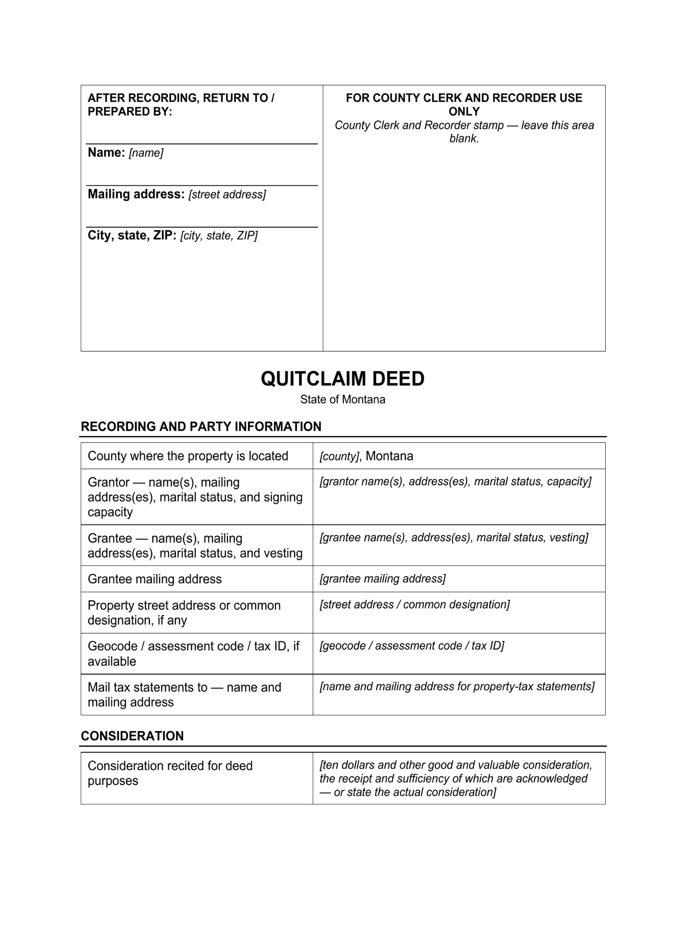 Page 1 of the blank Montana Quitclaim Deed included in the download