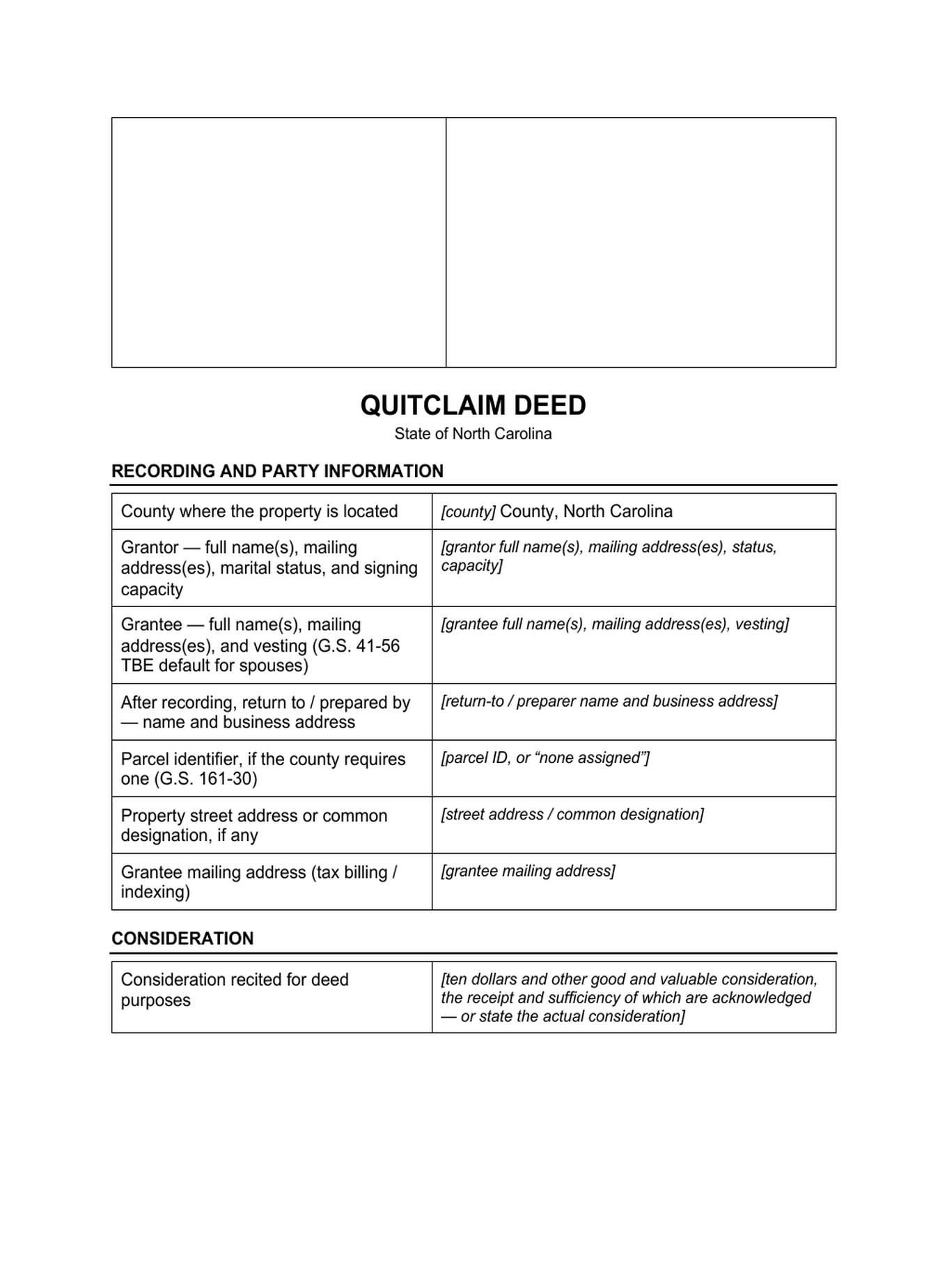 Page 1 of the blank North Carolina Quitclaim Deed included in the download