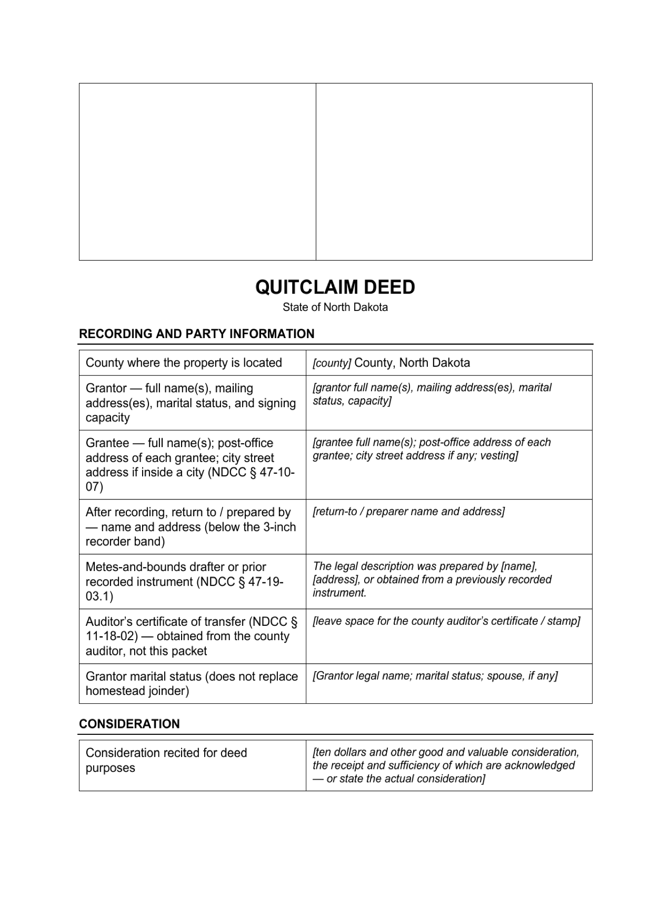 Page 1 of the blank North Dakota Quitclaim Deed included in the download