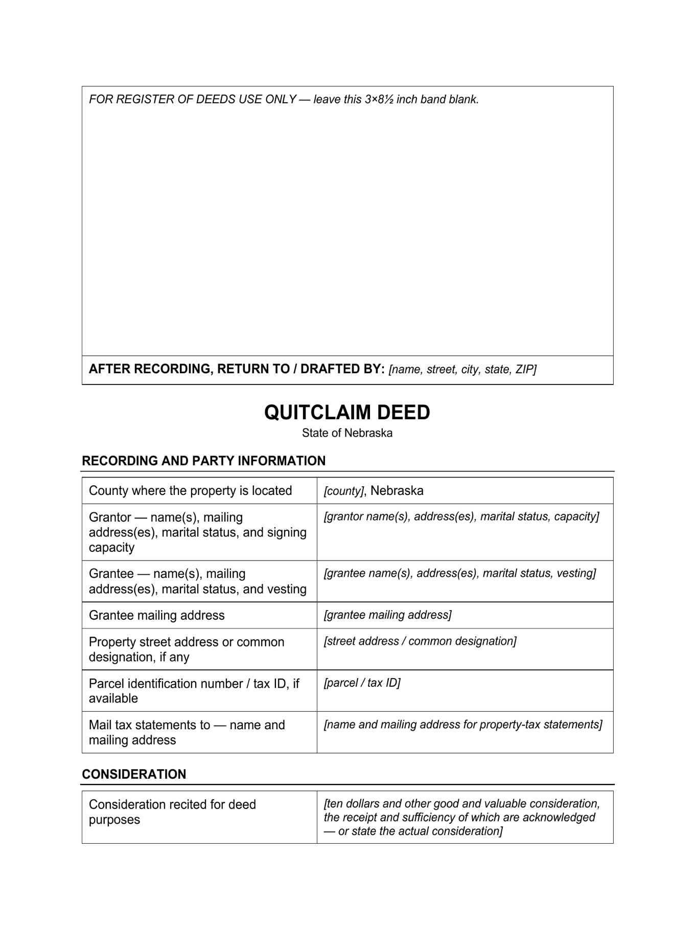 Page 1 of the blank Nebraska Quitclaim Deed included in the download