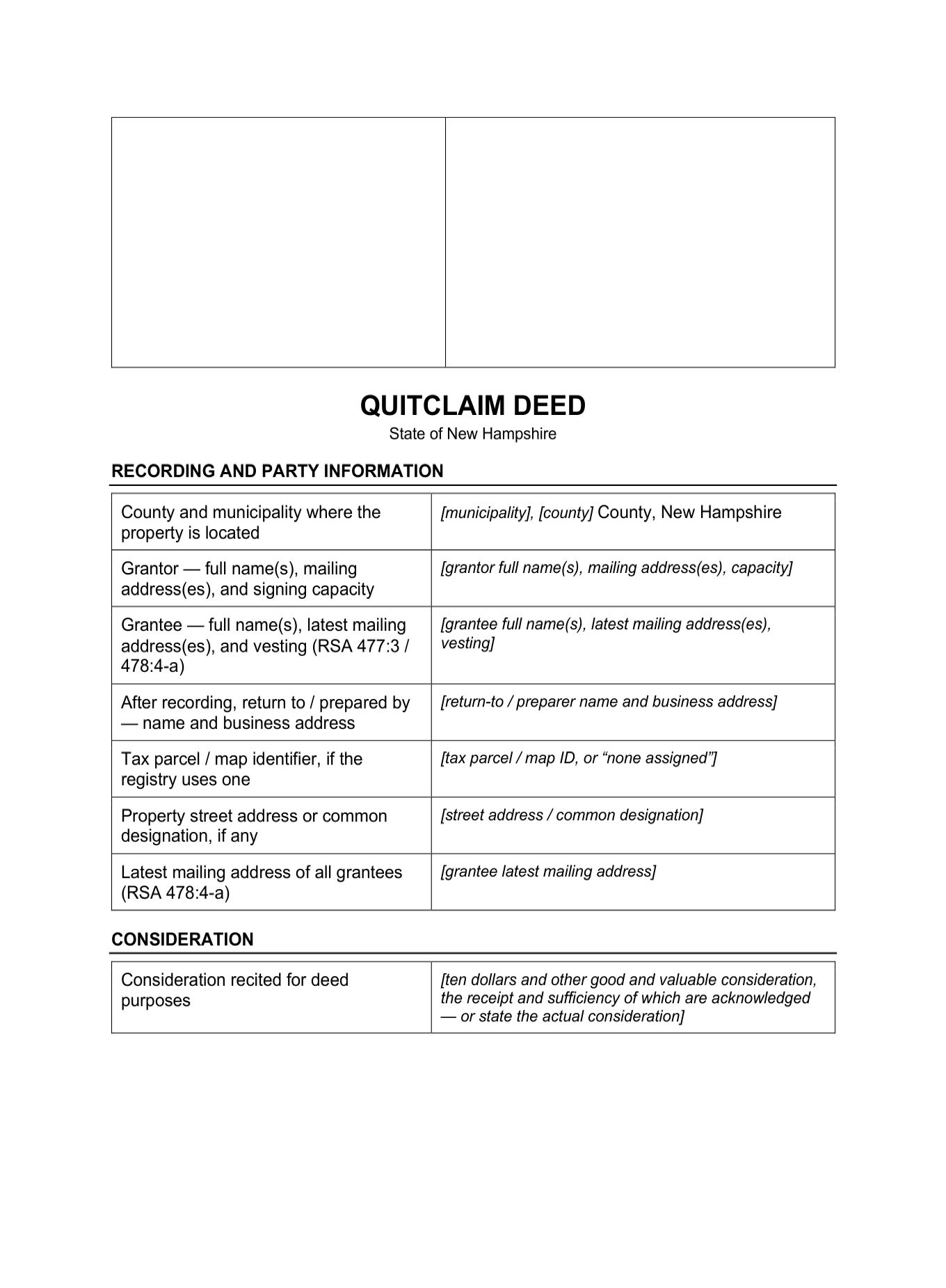 Page 1 of the blank New Hampshire Quitclaim Deed included in the download