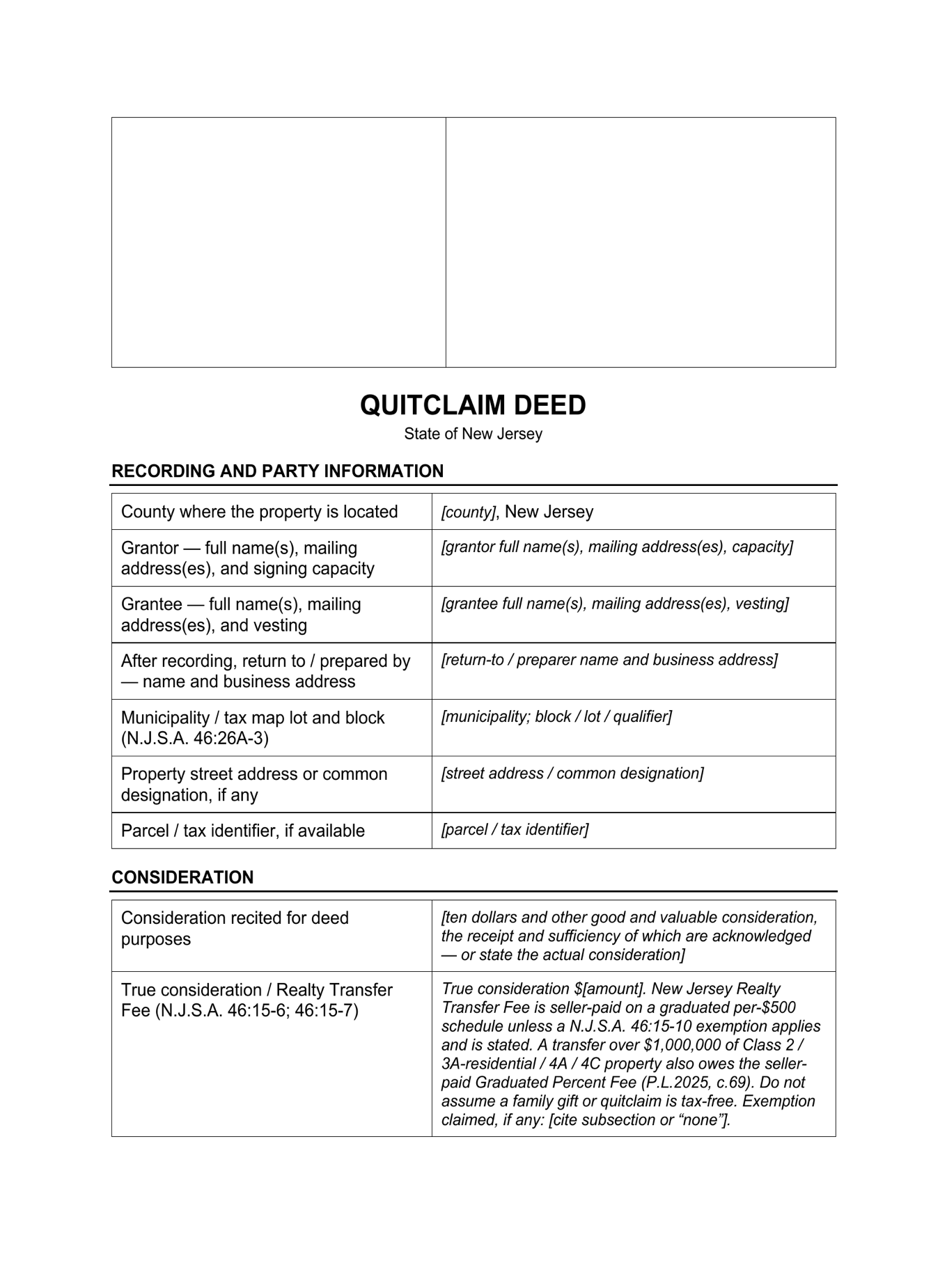 Page 1 of the blank New Jersey Quitclaim Deed included in the download
