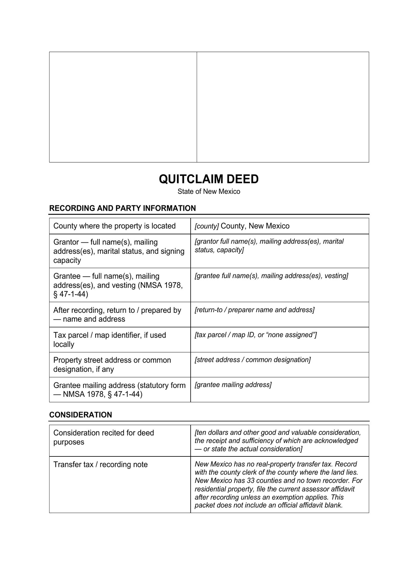Page 1 of the blank New Mexico Quitclaim Deed included in the download