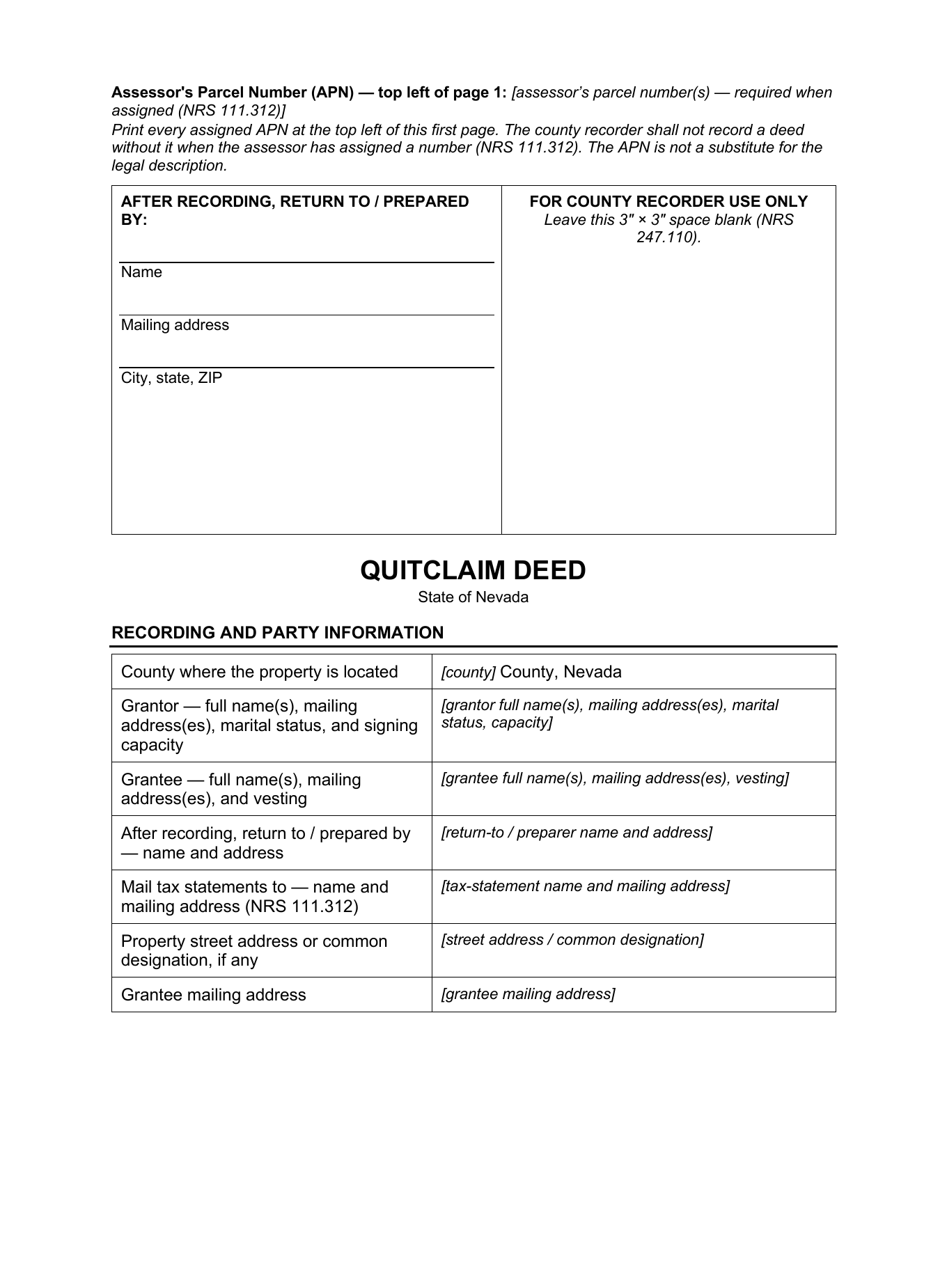 Page 1 of the blank Nevada Quitclaim Deed included in the download