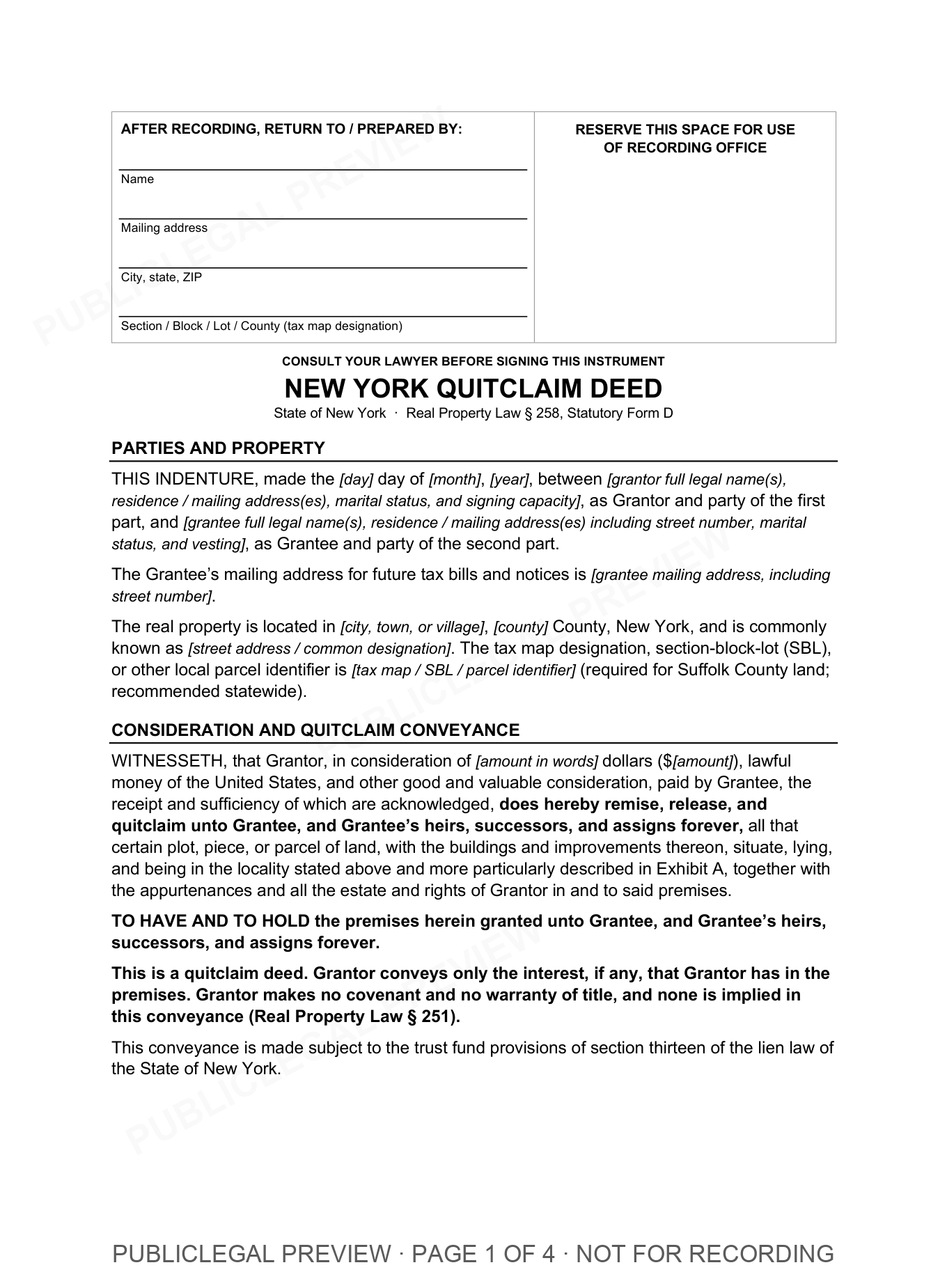 Page 1 of the blank New York Quitclaim Deed included in the download