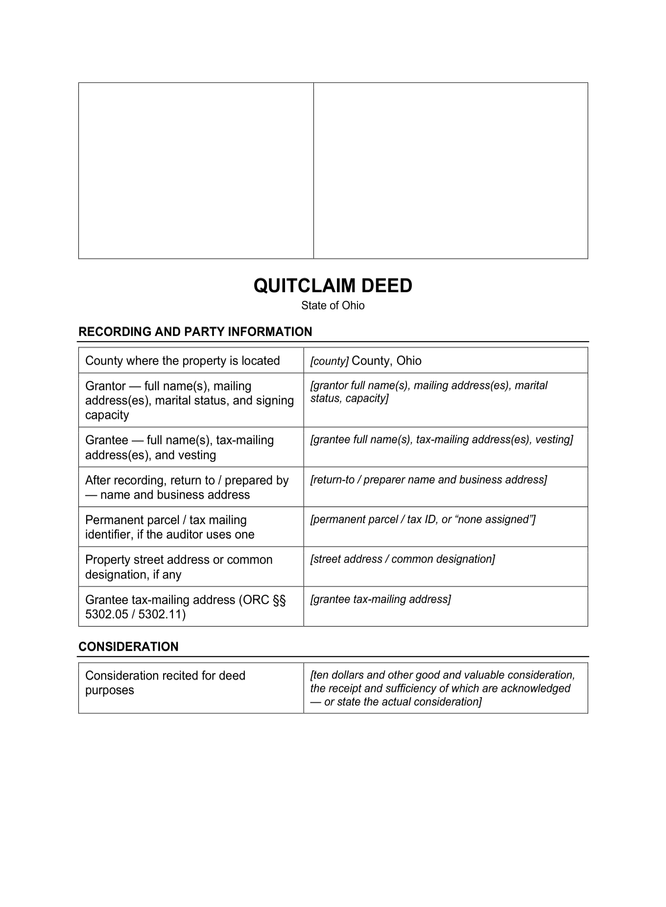 Page 1 of the blank Ohio Quitclaim Deed included in the download
