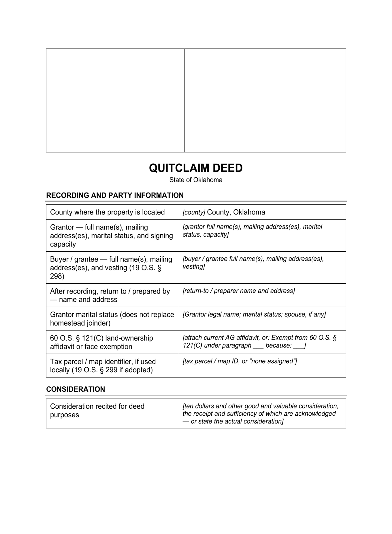 Page 1 of the blank Oklahoma Quitclaim Deed included in the download