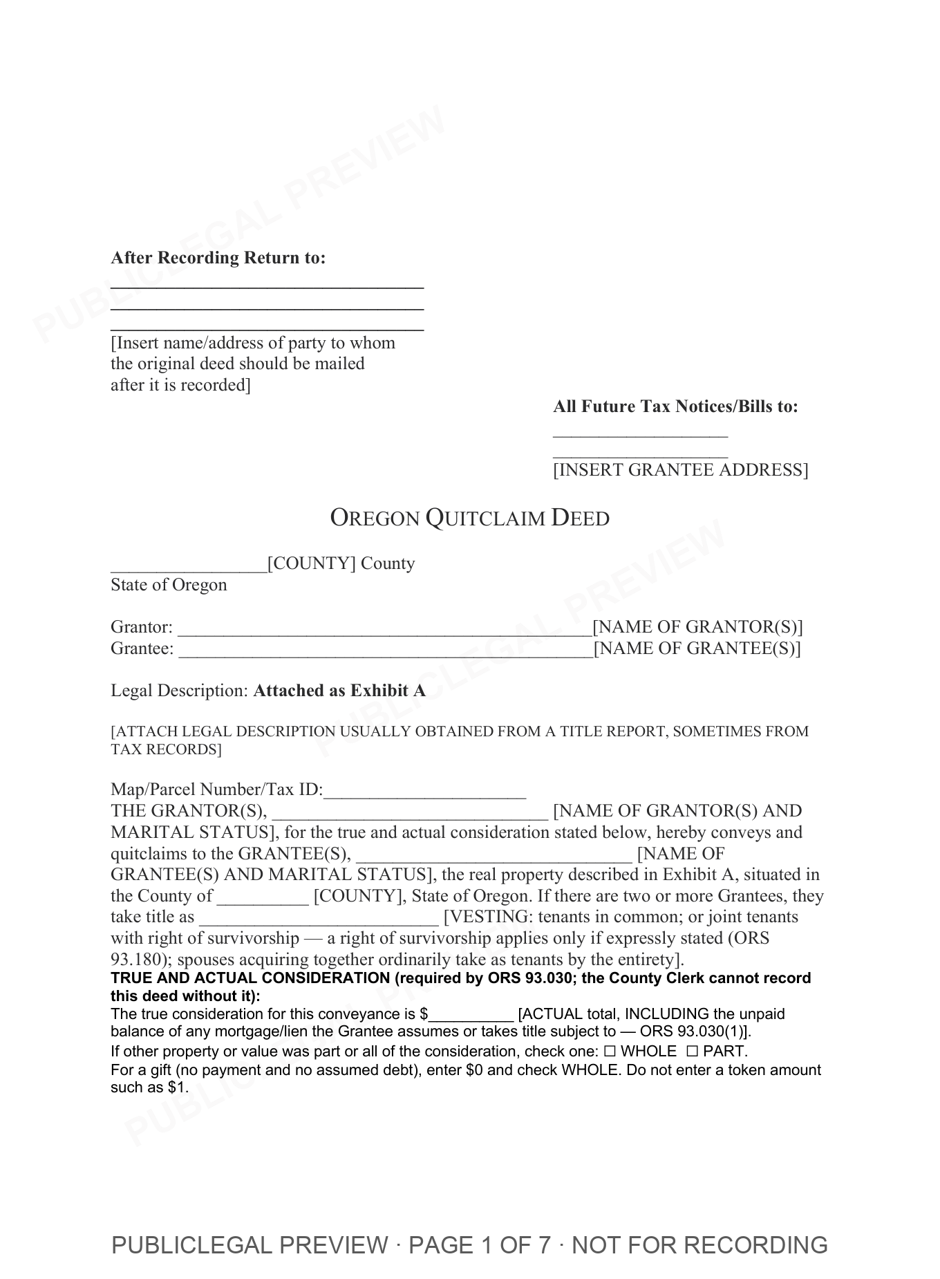 Page 1 of the blank Oregon Quitclaim Deed included in the download