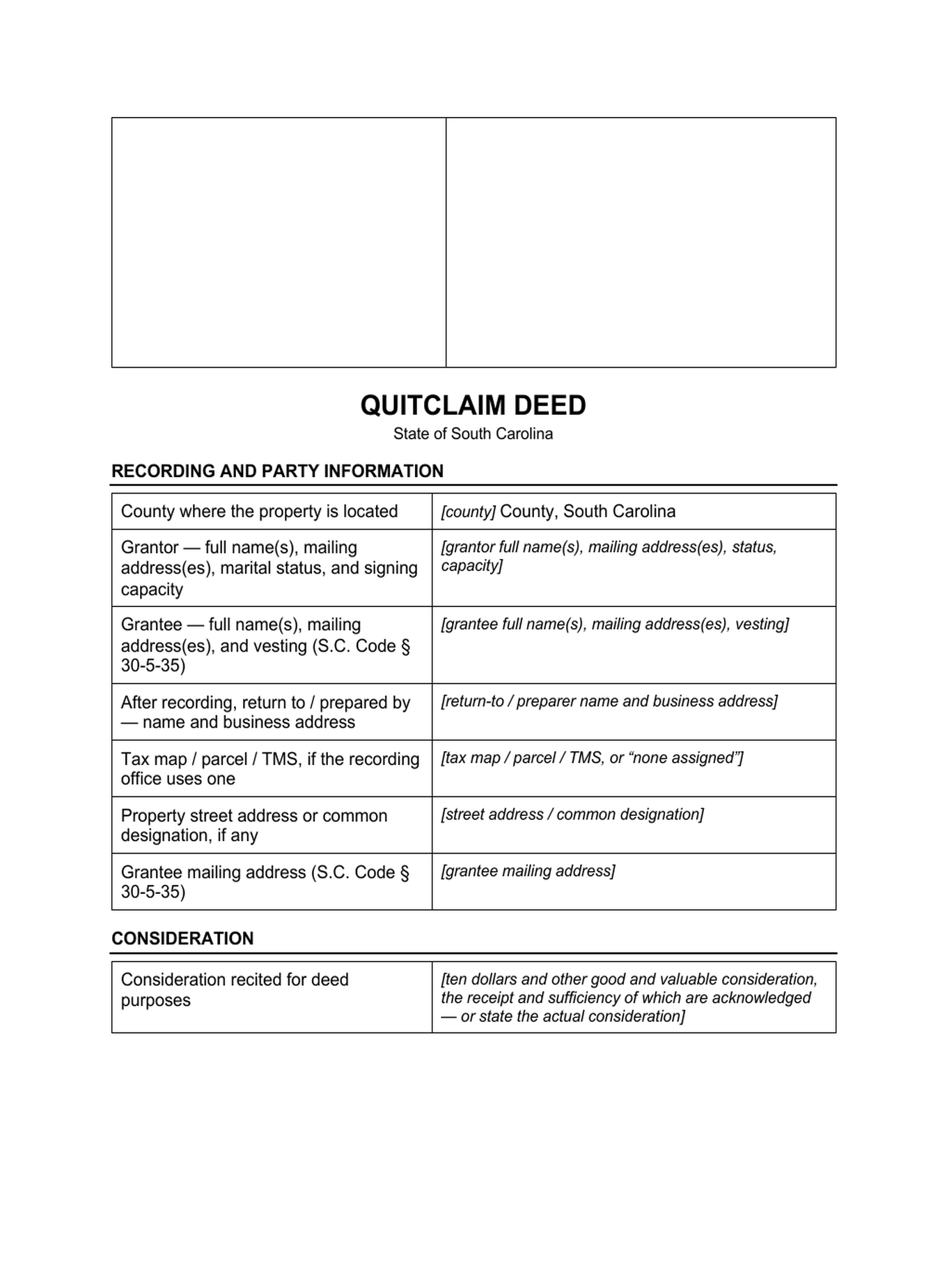 Page 1 of the blank South Carolina Quitclaim Deed included in the download