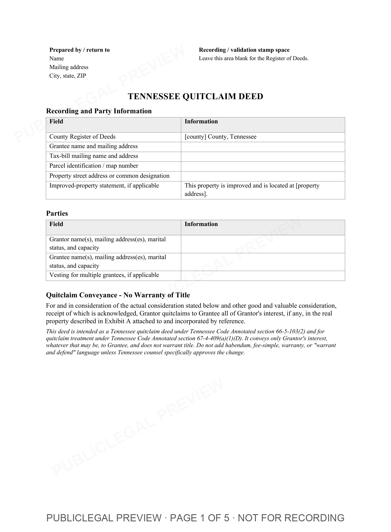 Page 1 of the blank Tennessee Quitclaim Deed included in the download