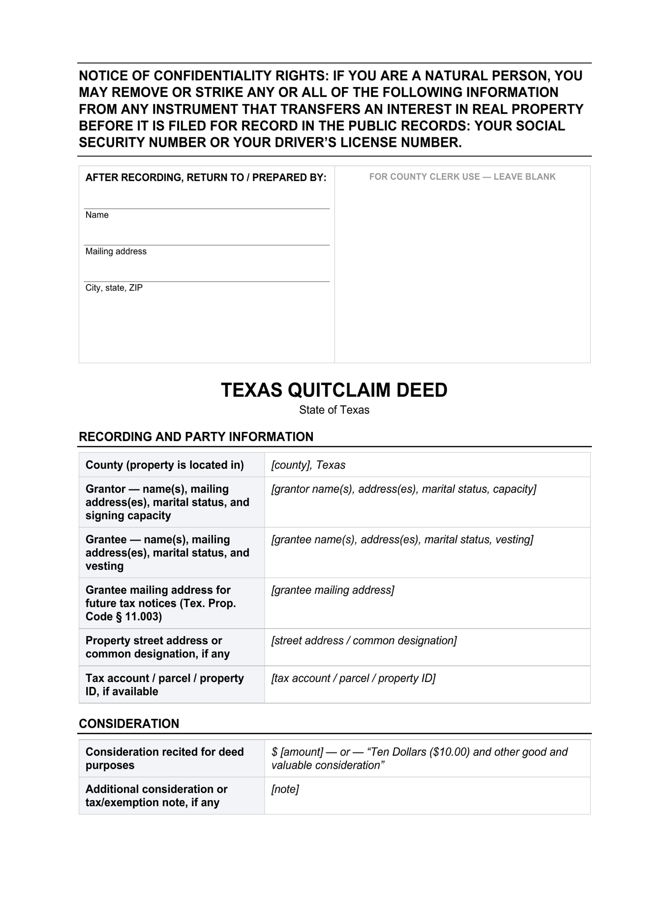 Page 1 of the blank Texas Quitclaim Deed included in the download