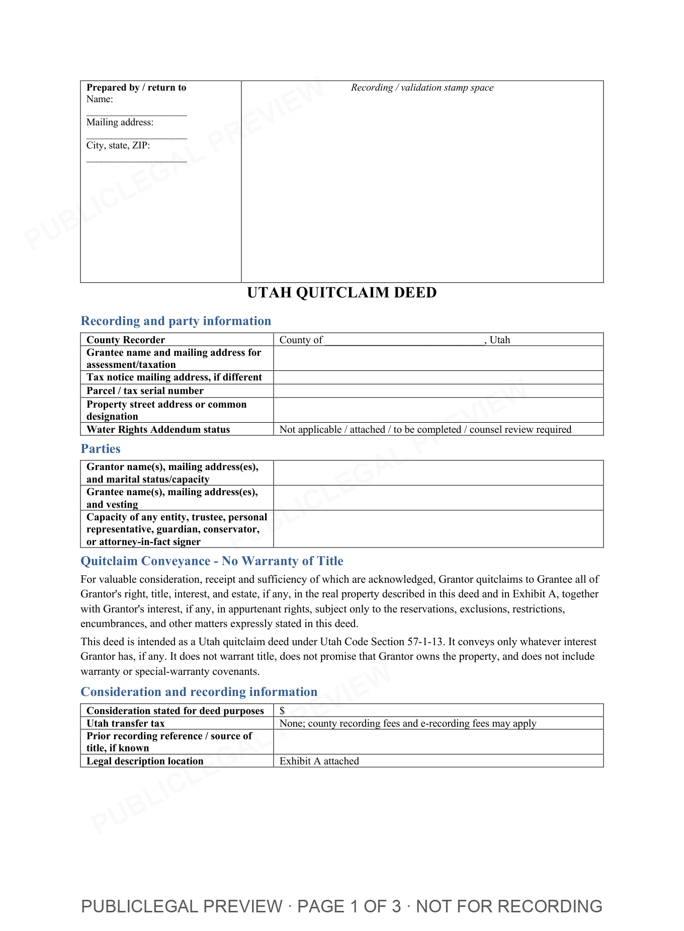 Page 1 of the blank Utah Quitclaim Deed included in the download