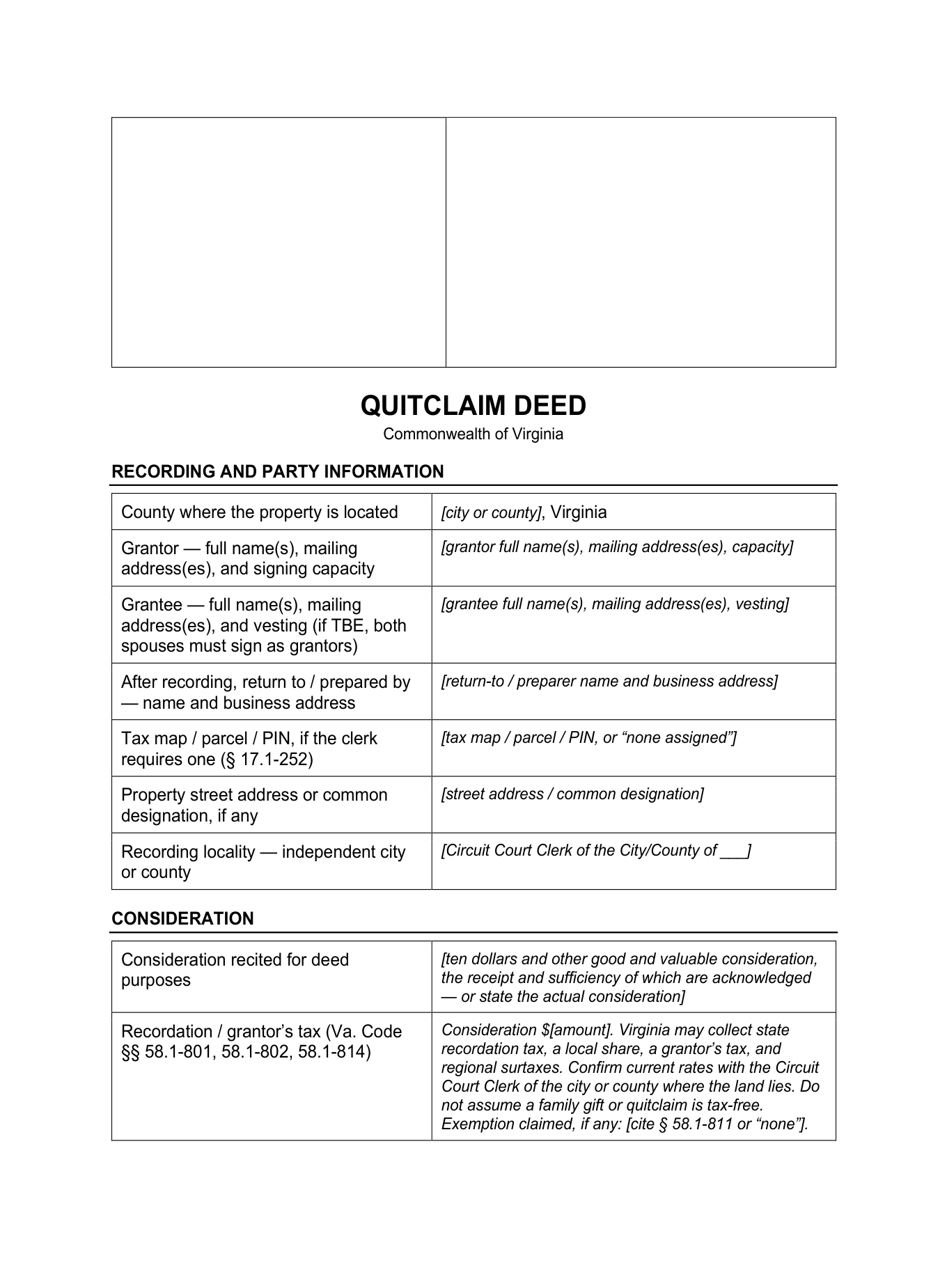Page 1 of the blank Virginia Quitclaim Deed included in the download