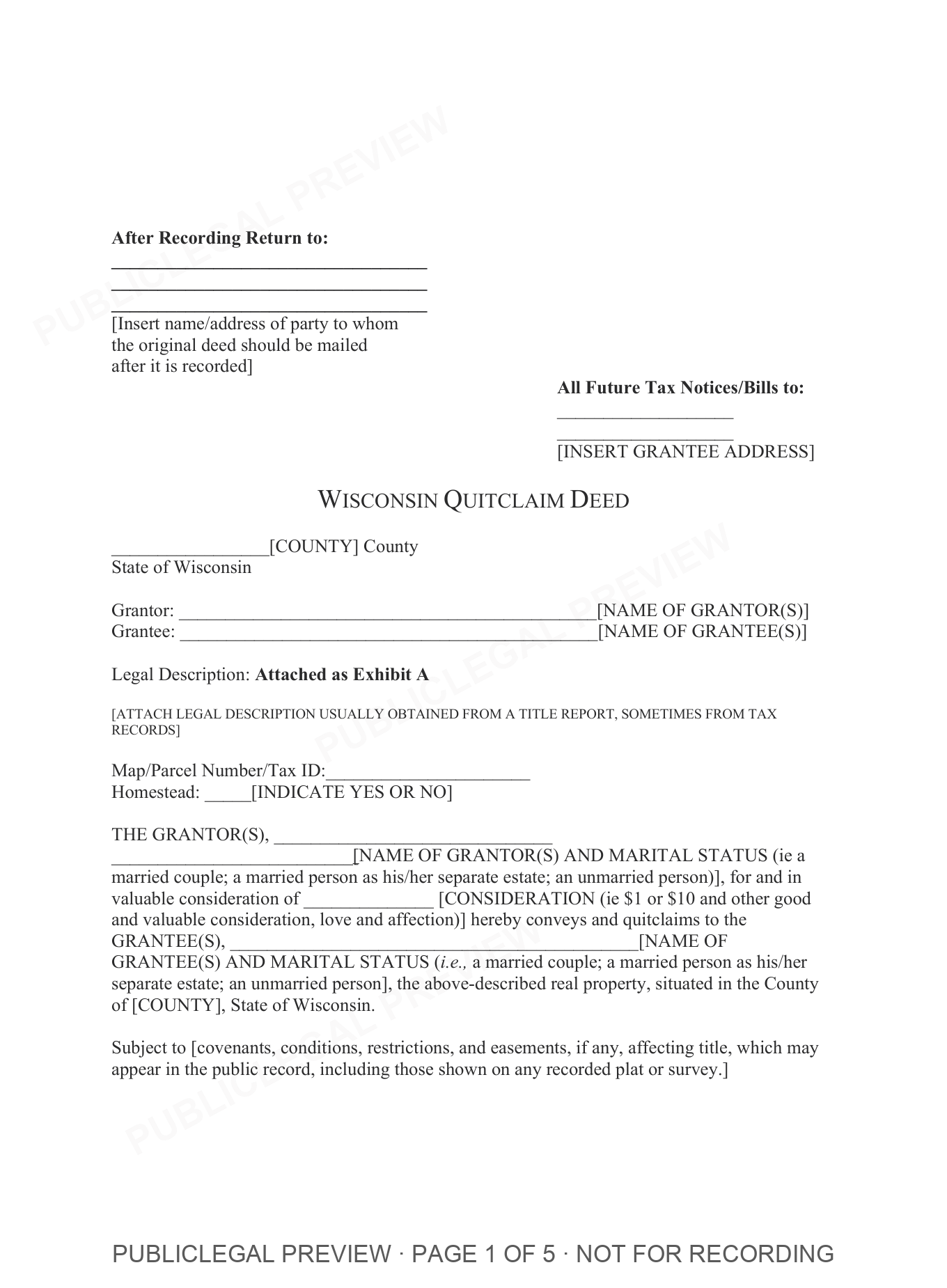 Page 1 of the blank Wisconsin Quitclaim Deed included in the download