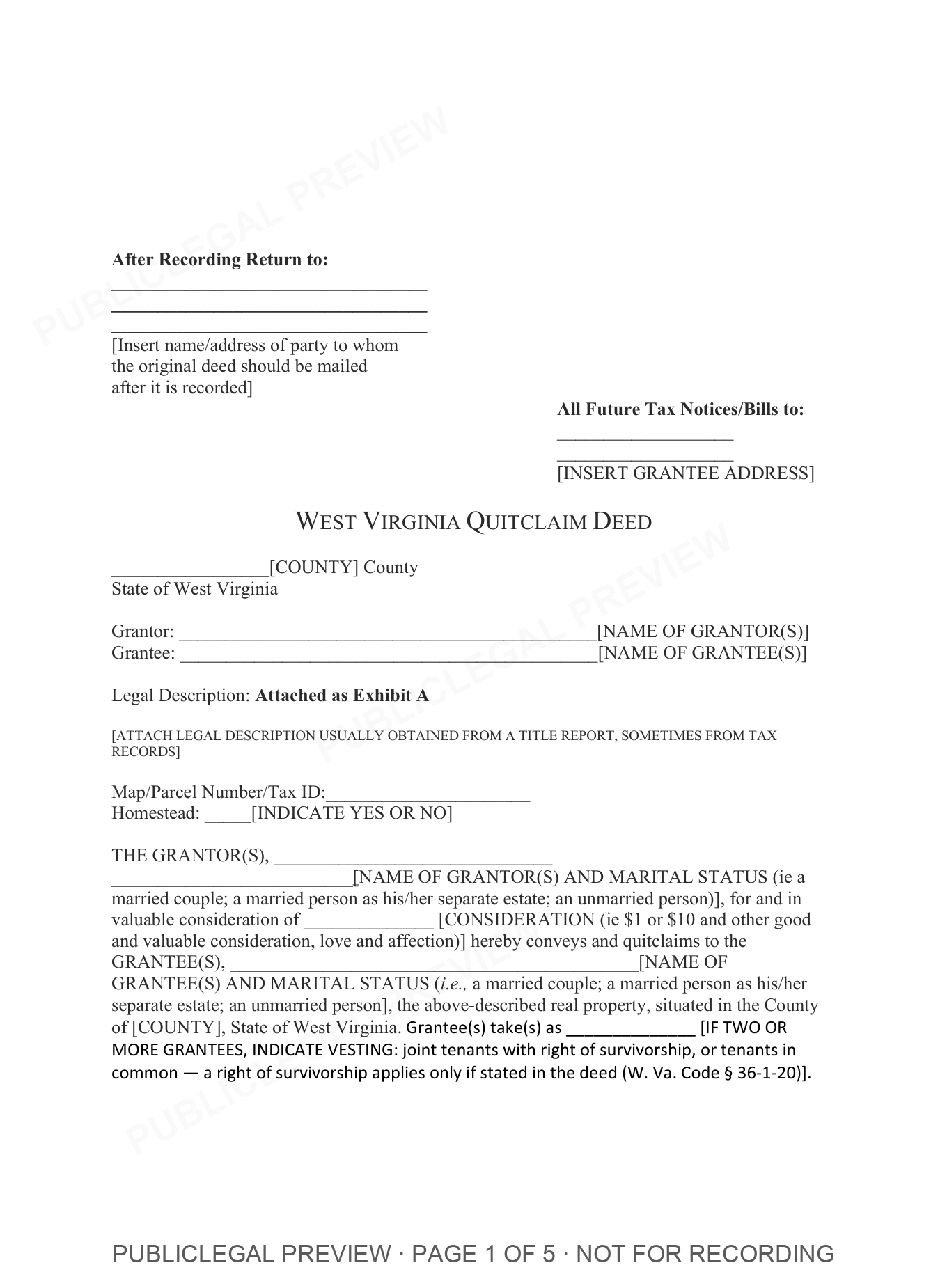 Page 1 of the blank West Virginia Quitclaim Deed included in the download