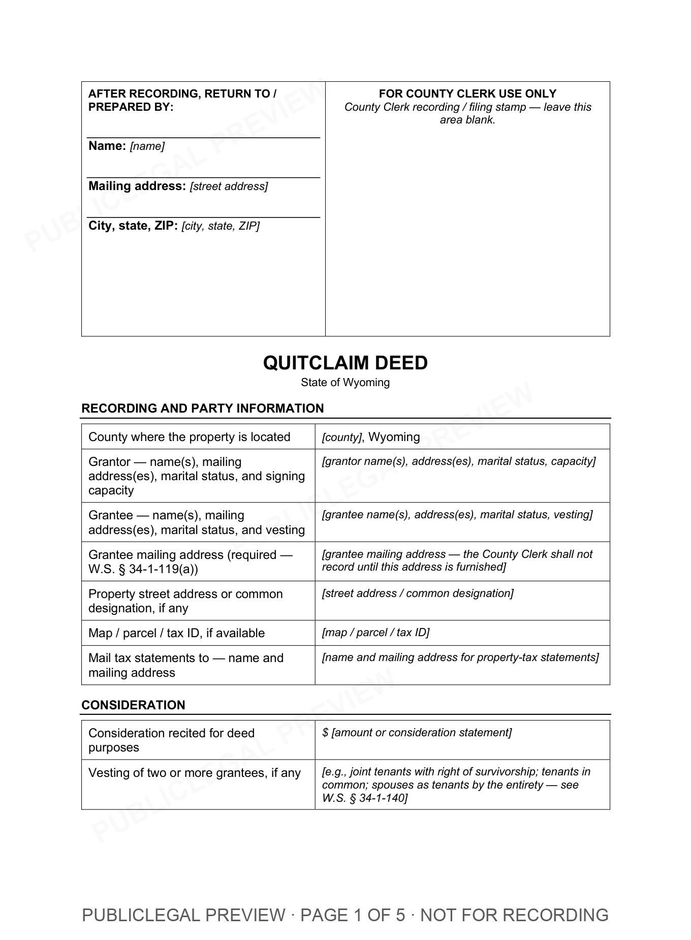 Page 1 of the blank Wyoming Quitclaim Deed included in the download