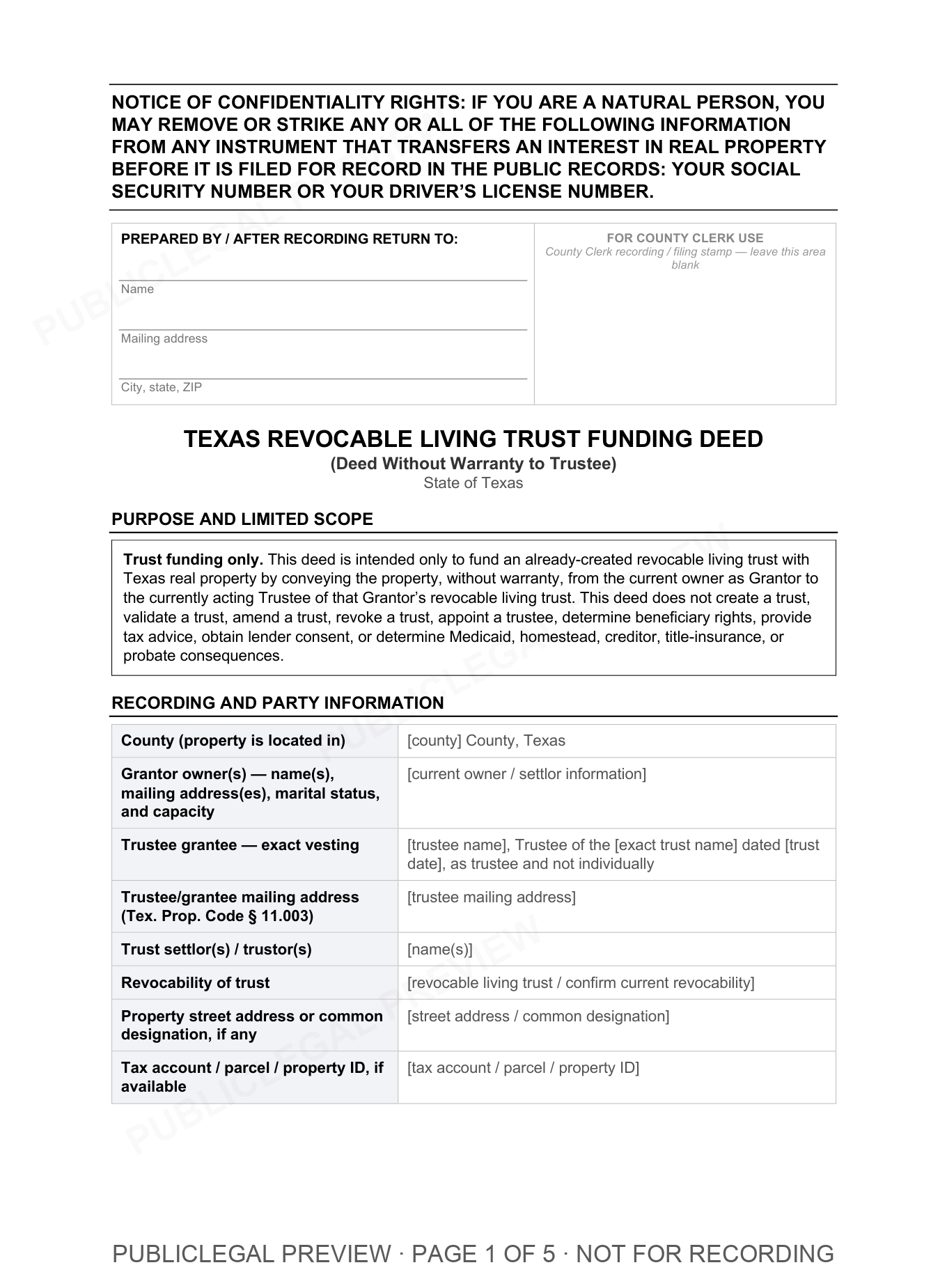 Page 1 of the blank Texas Revocable Living Trust Funding included in the download