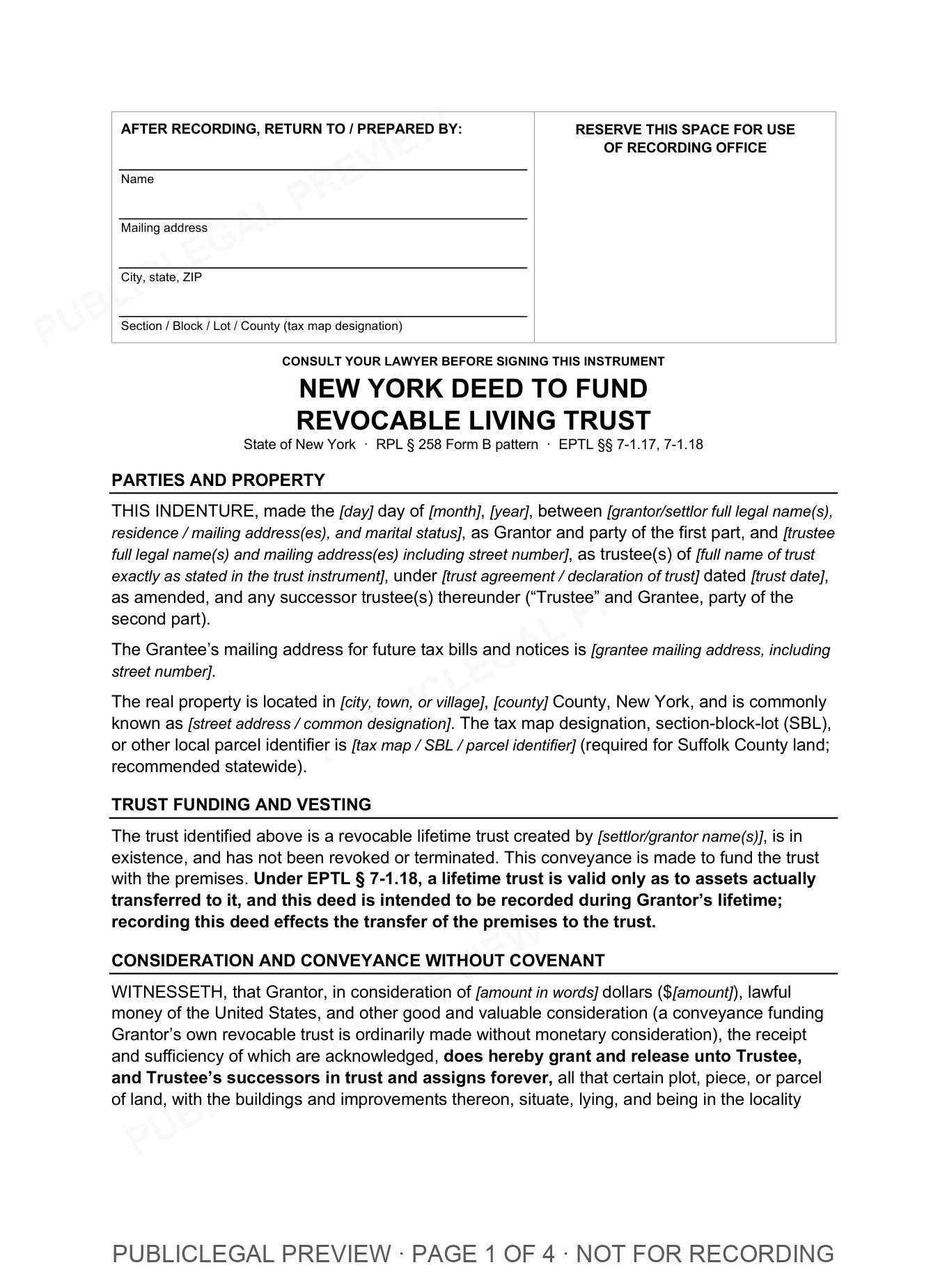 Page 1 of the blank New York Revocable Living Trust included in the download