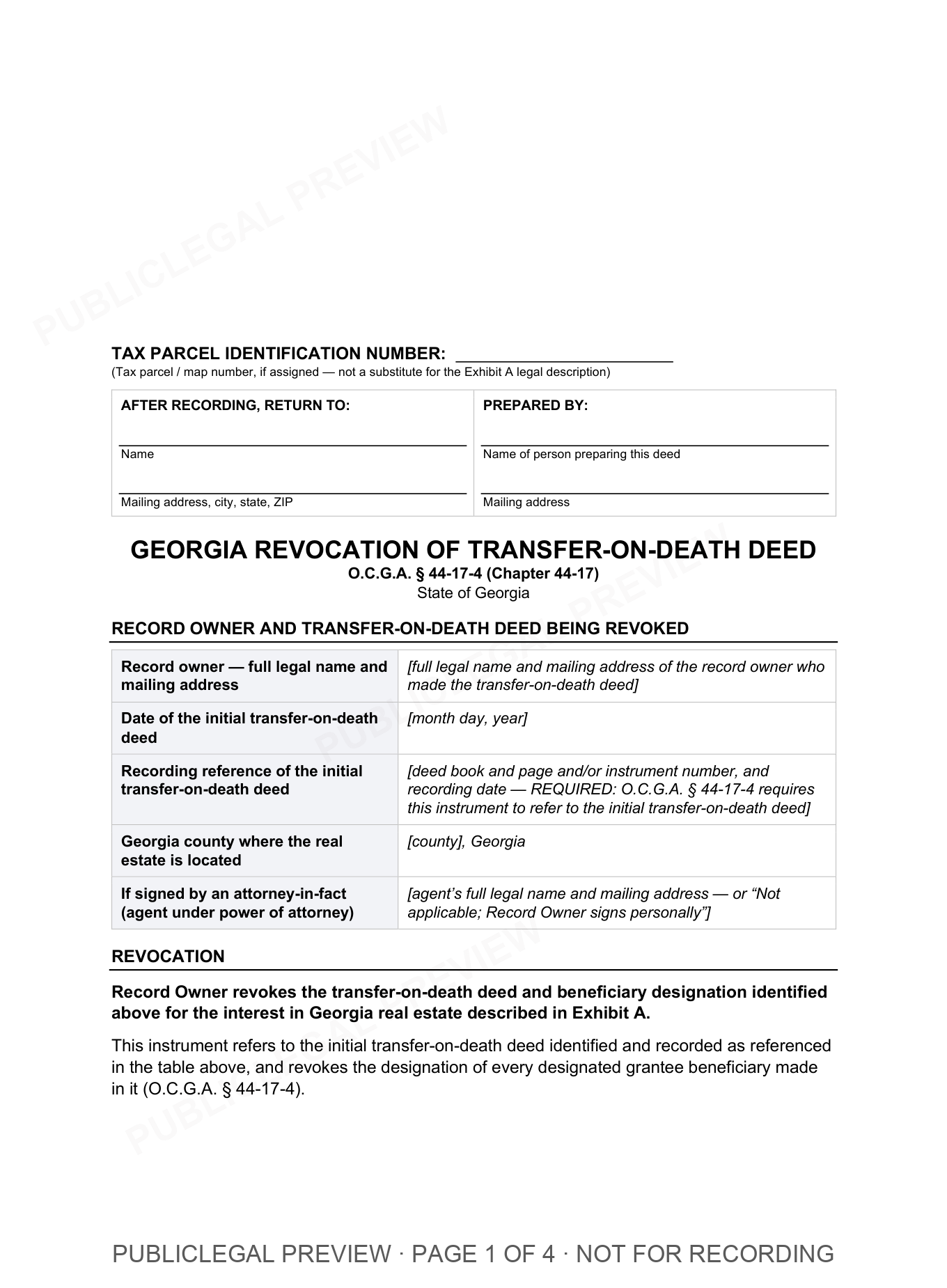 Page 1 of the blank Georgia Revocation Of Transfer On Death included in the download