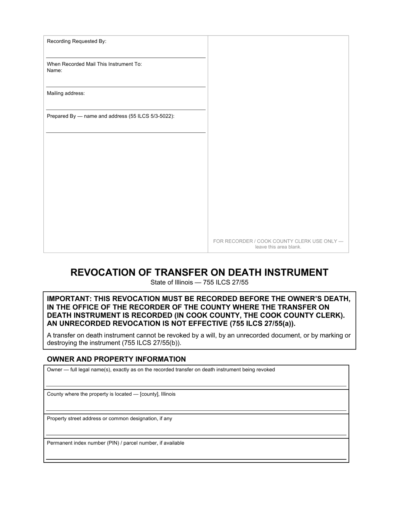 Page 1 of the blank Illinois Revocation of Transfer on Death Instrument included in the download