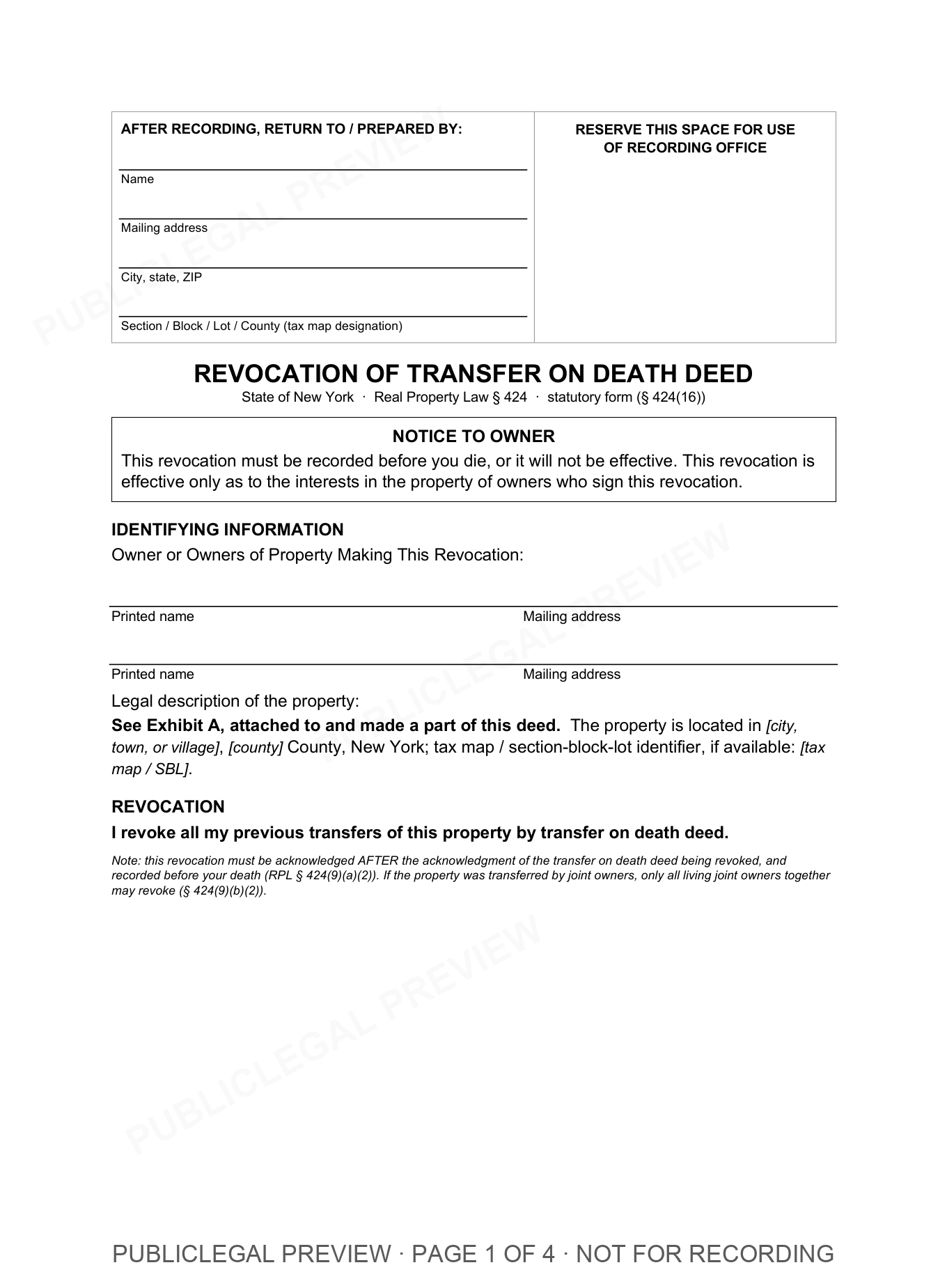Page 1 of the blank New York Revocation Of Transfer On Death included in the download