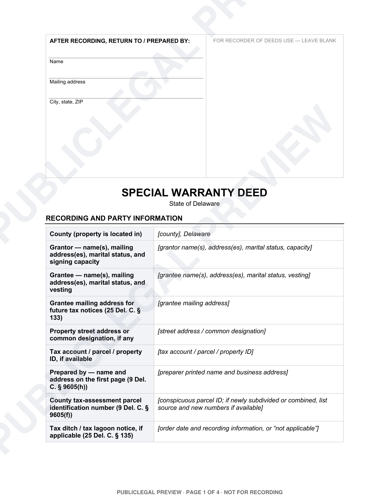Page 1 of the blank Delaware Special Warranty Deed included in the download