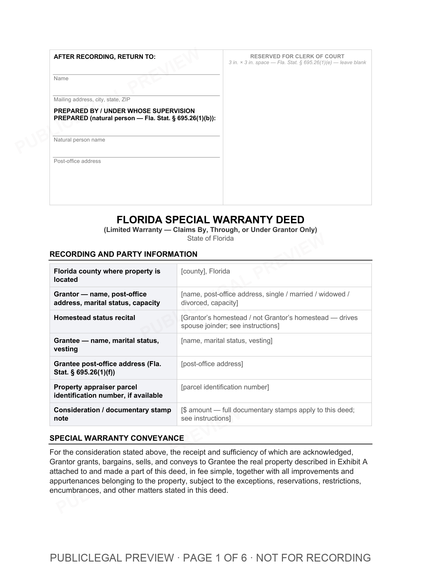 Page 1 of the blank Florida Special Warranty included in the download