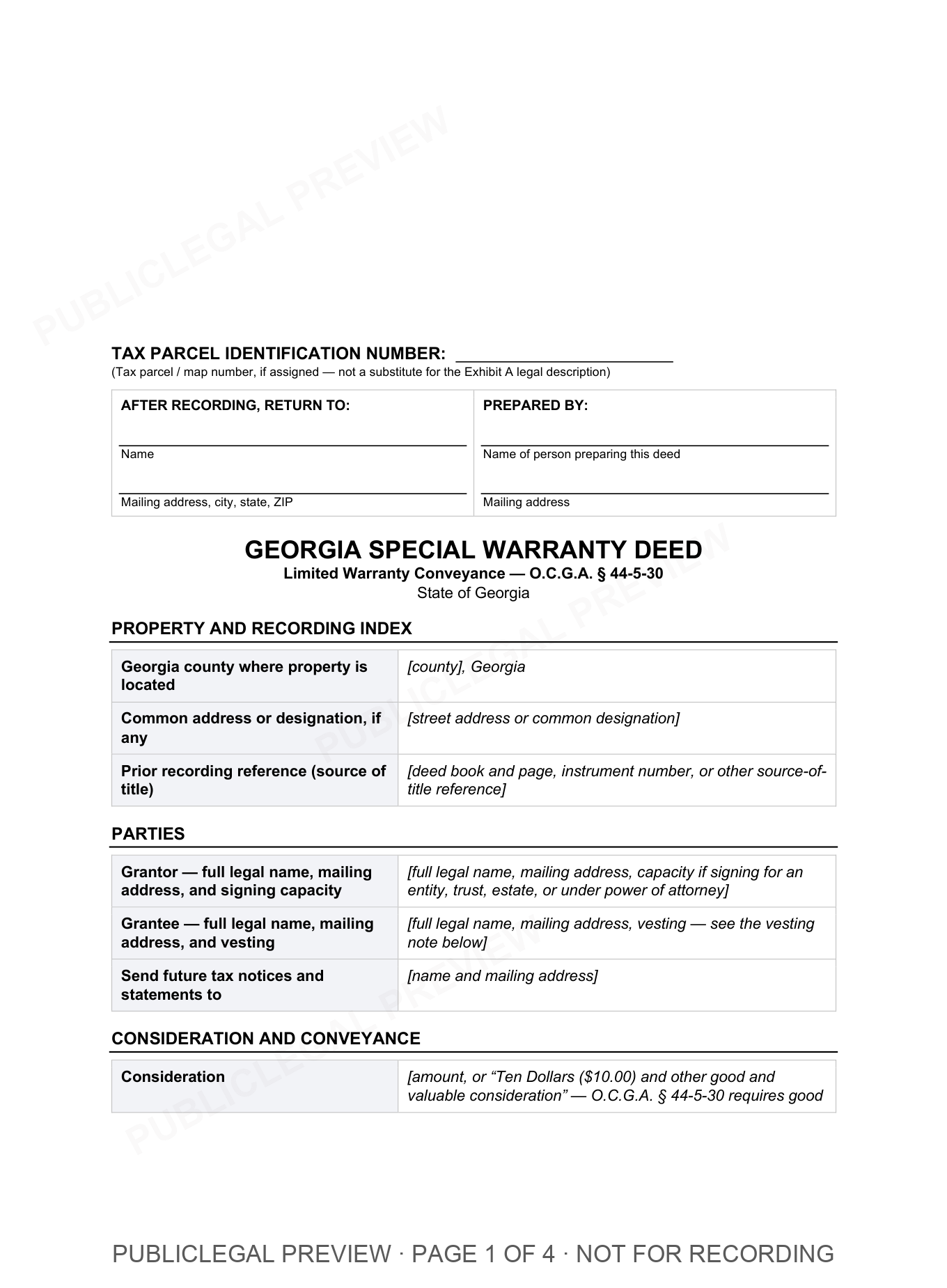 Page 1 of the blank Georgia Special Warranty included in the download