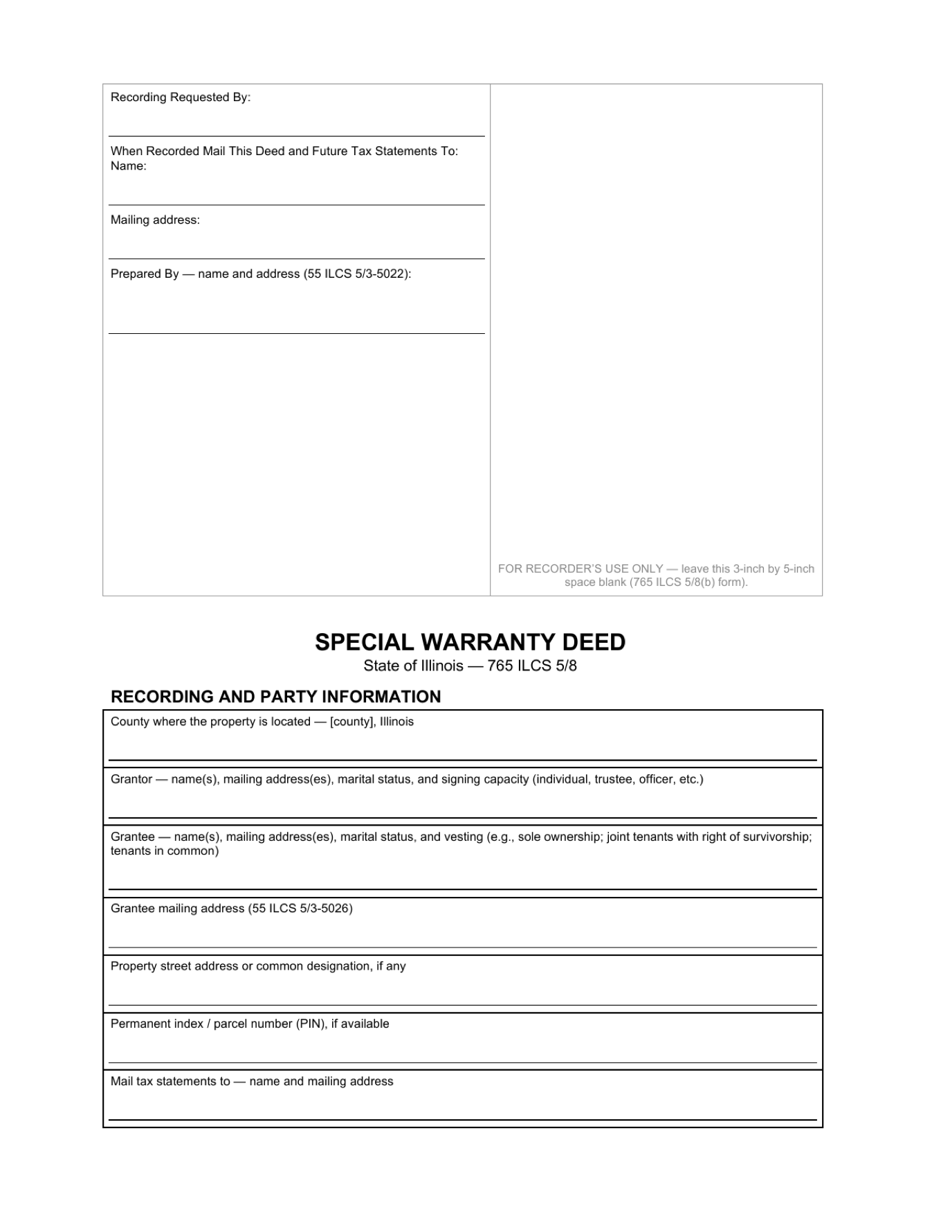 Page 1 of the blank Illinois Special Warranty Deed included in the download