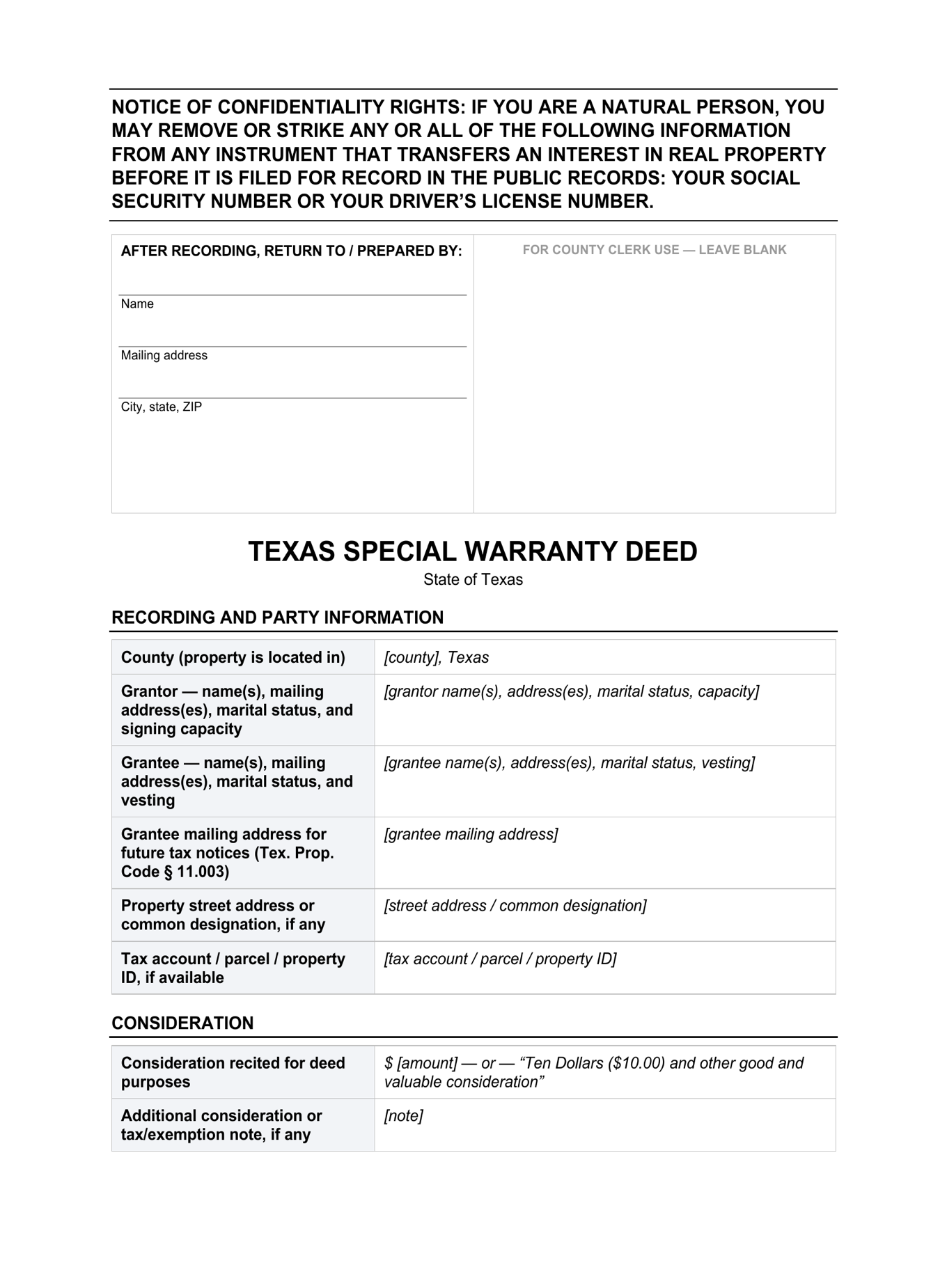 Page 1 of the blank Texas Special Warranty included in the download