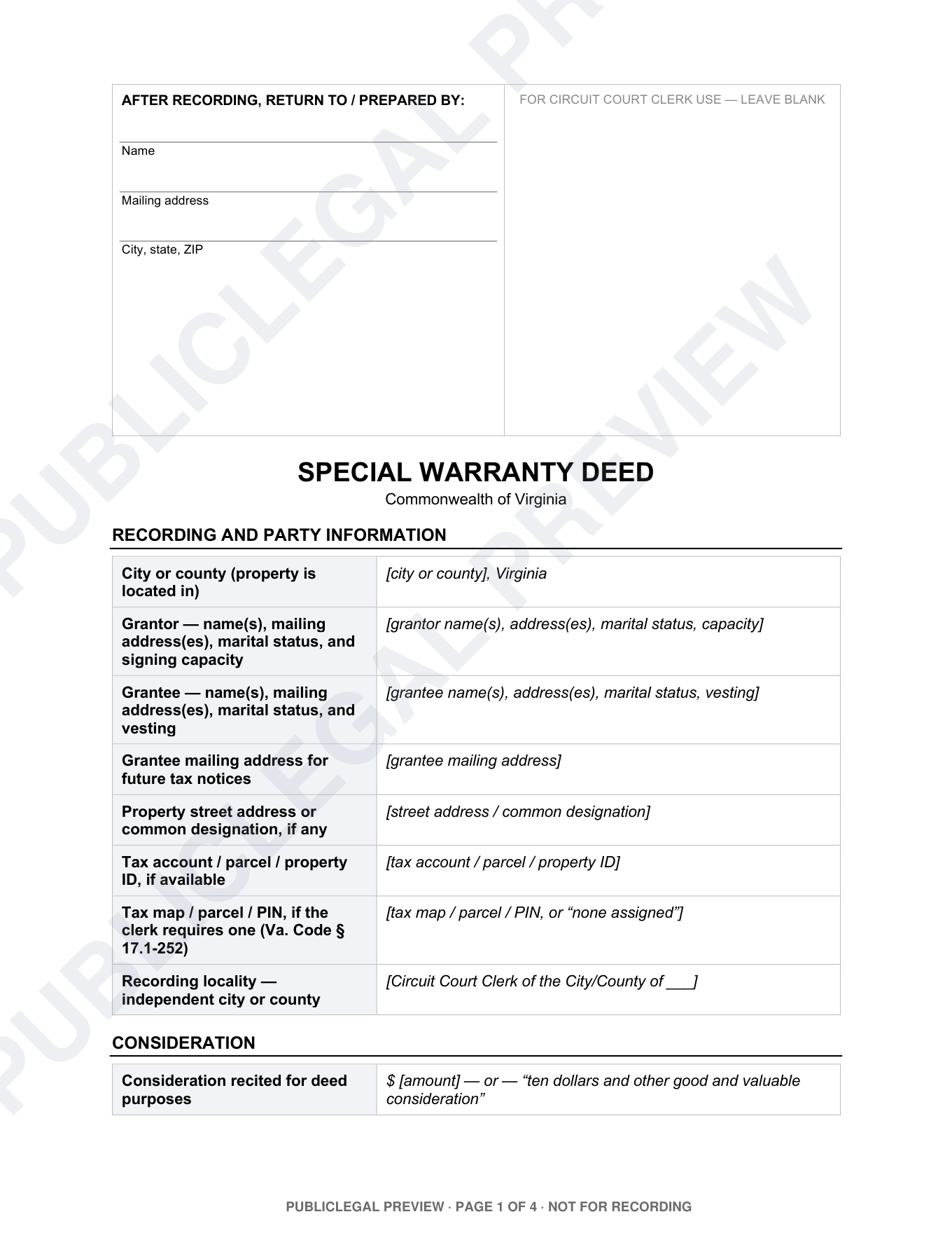 Page 1 of the blank Virginia Special Warranty Deed included in the download
