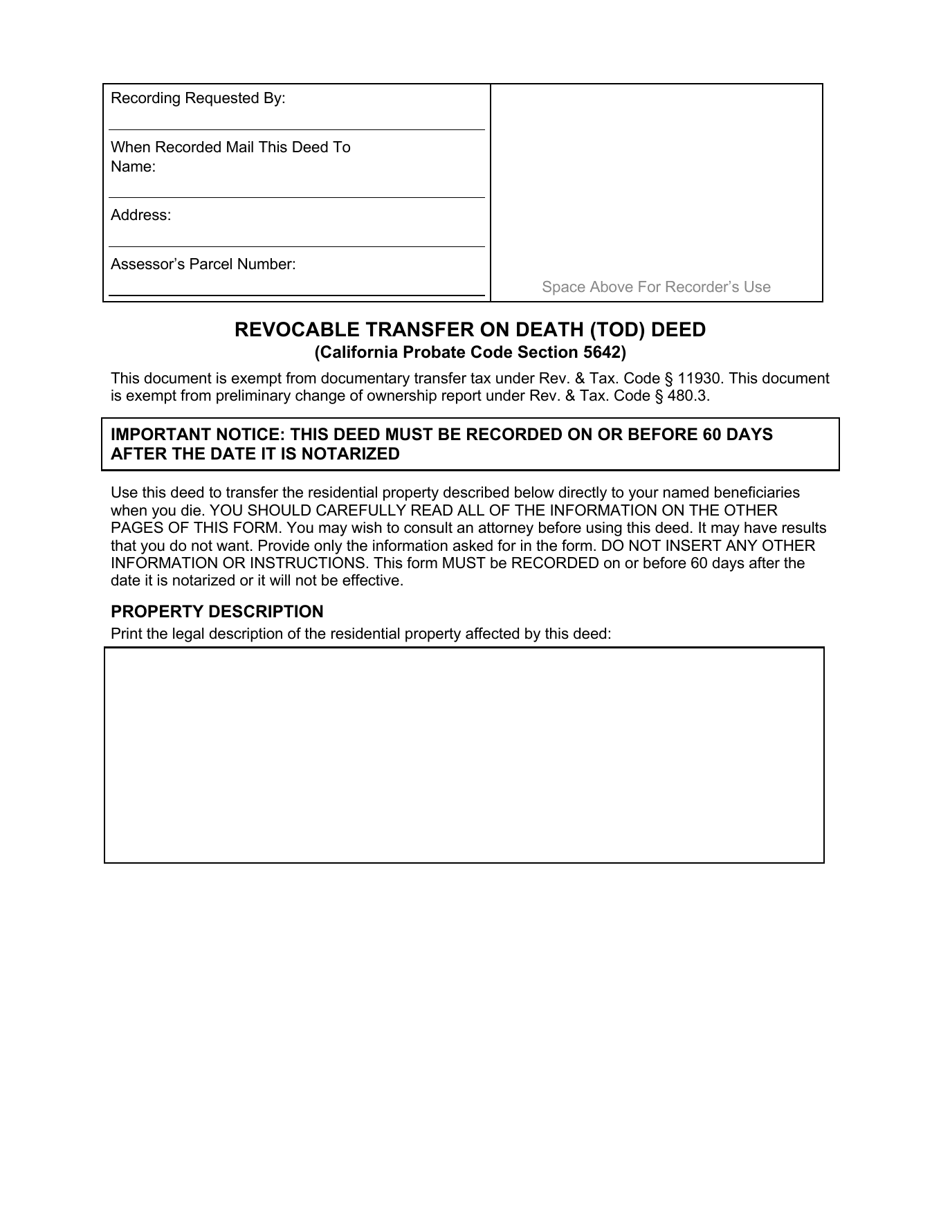 Page 1 of the blank California Revocable Transfer on Death Deed included in the download