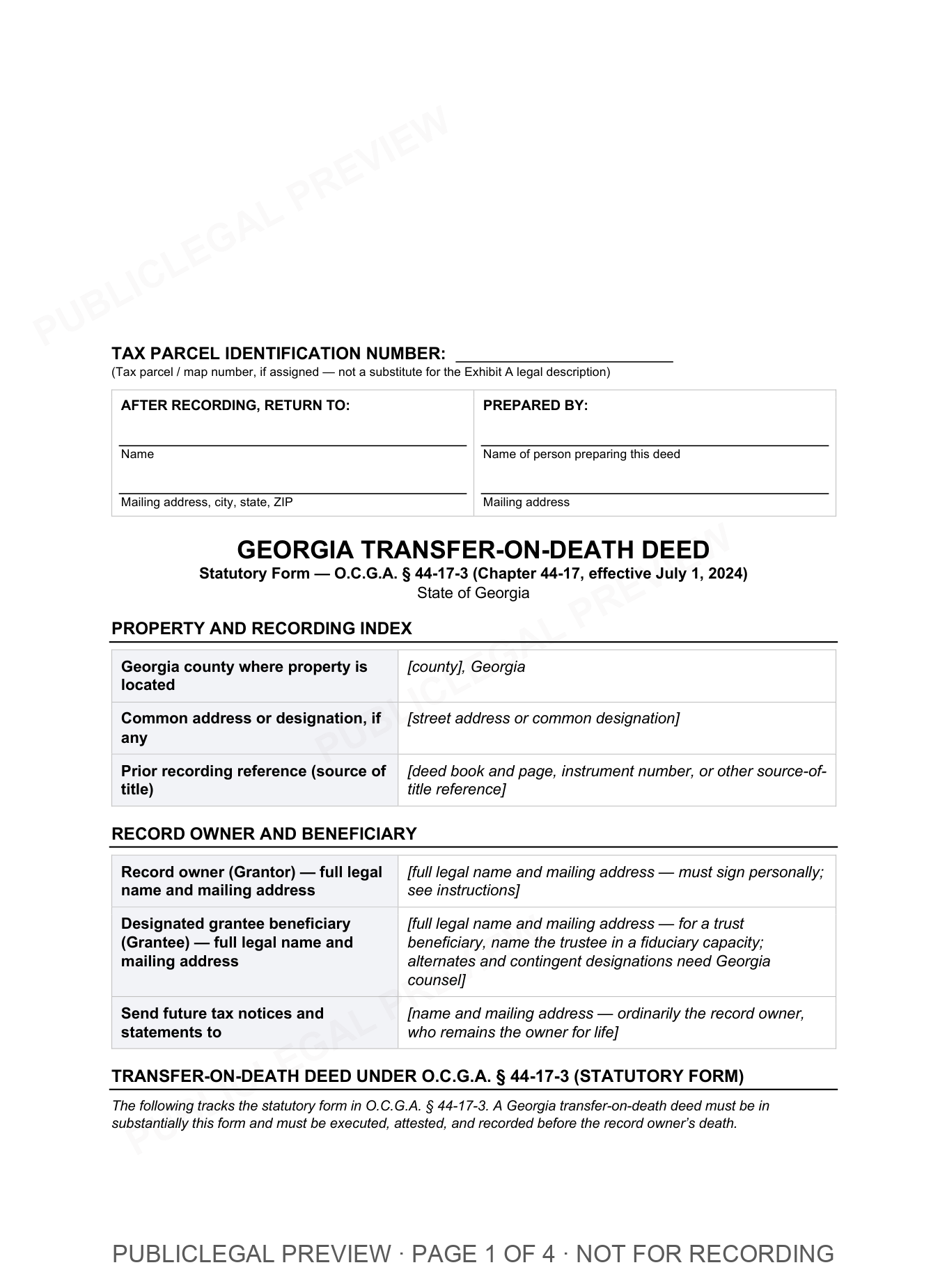 Page 1 of the blank Georgia Transfer On Death included in the download