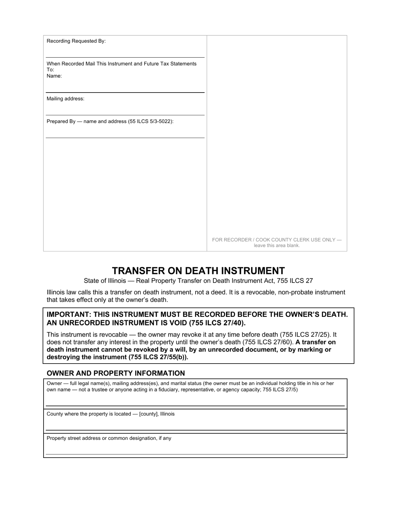 Page 1 of the blank Illinois Transfer on Death Instrument included in the download