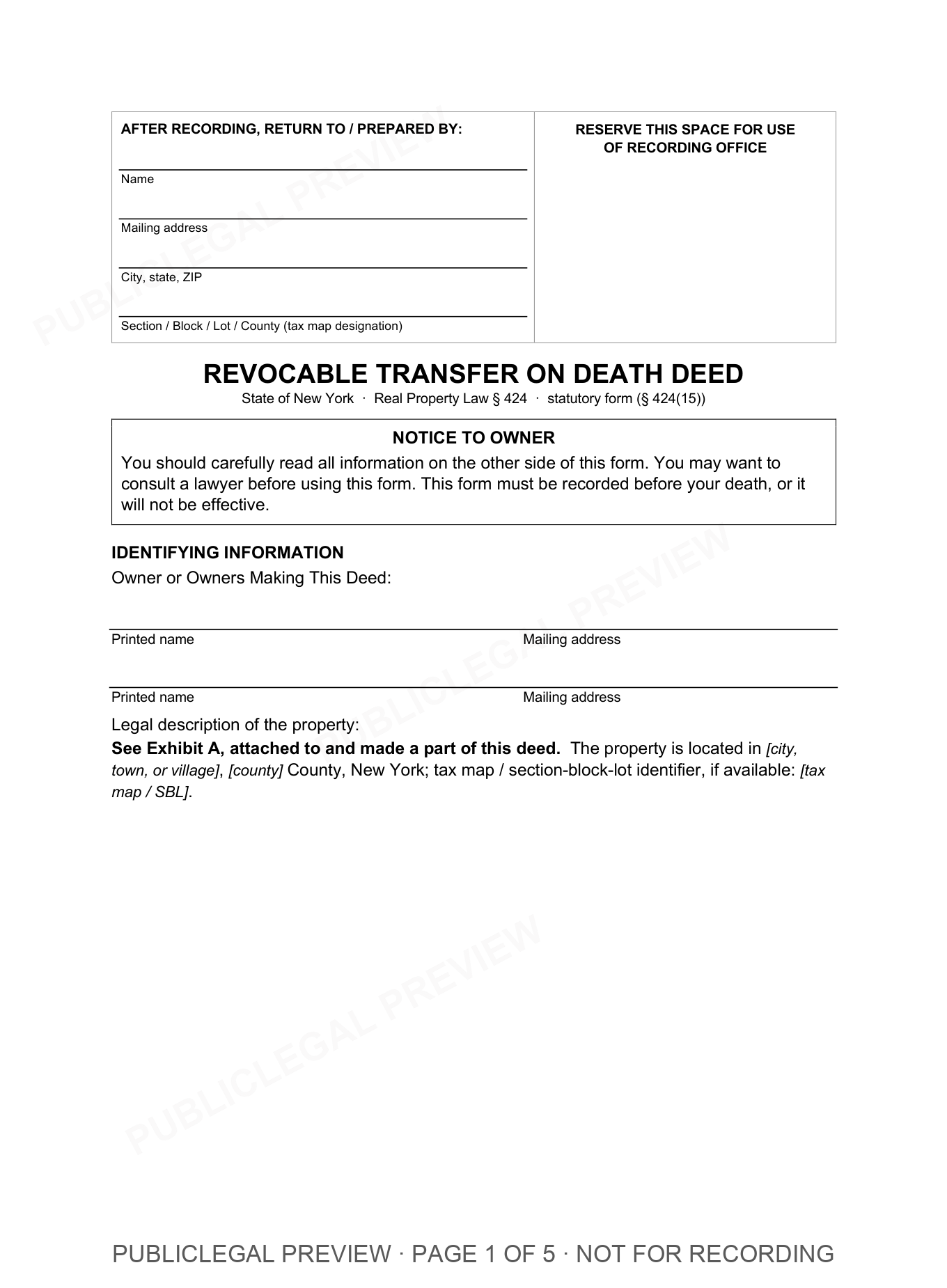Page 1 of the blank New York Transfer On Death included in the download