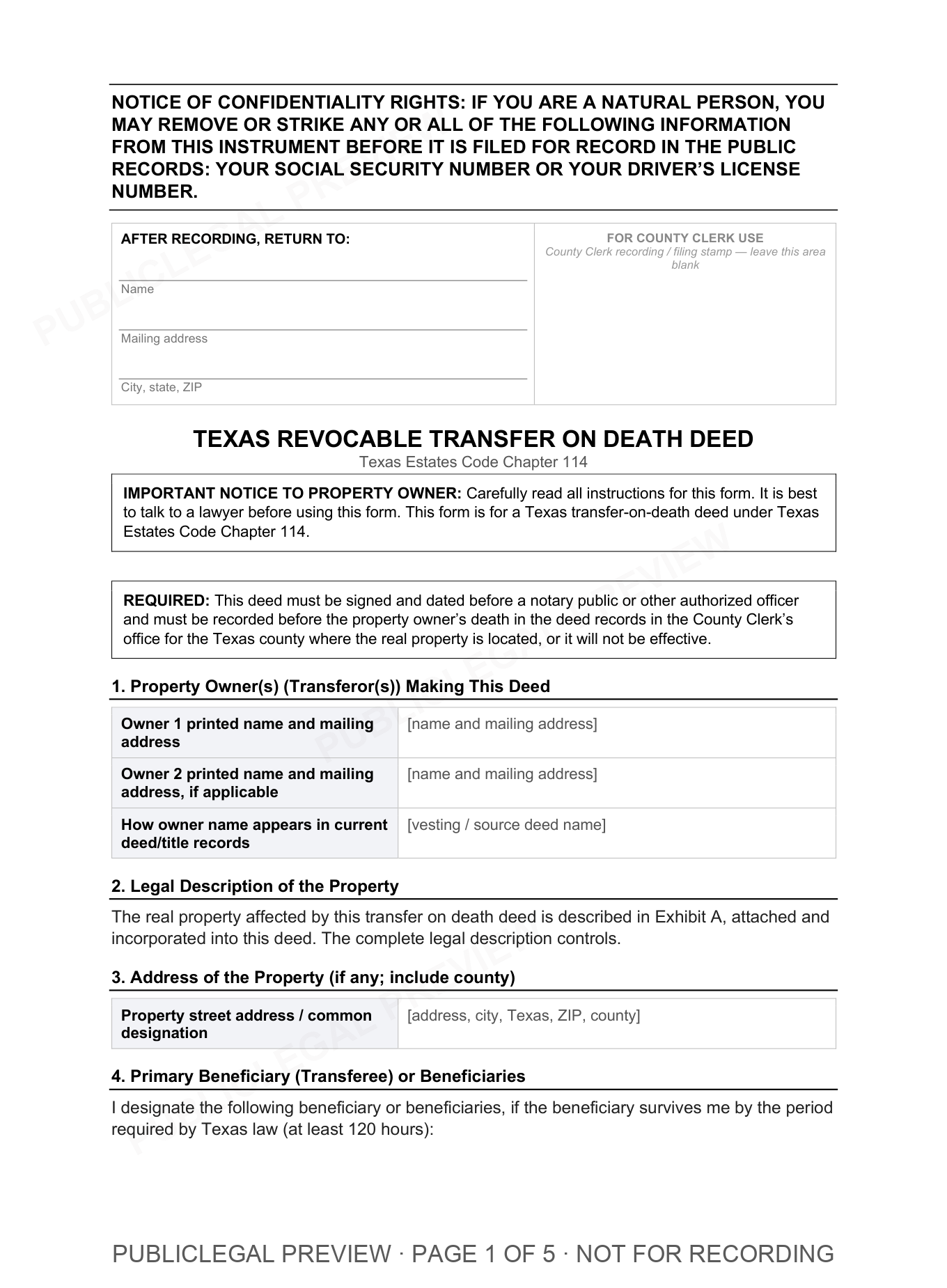 Page 1 of the blank Texas Transfer On Death included in the download