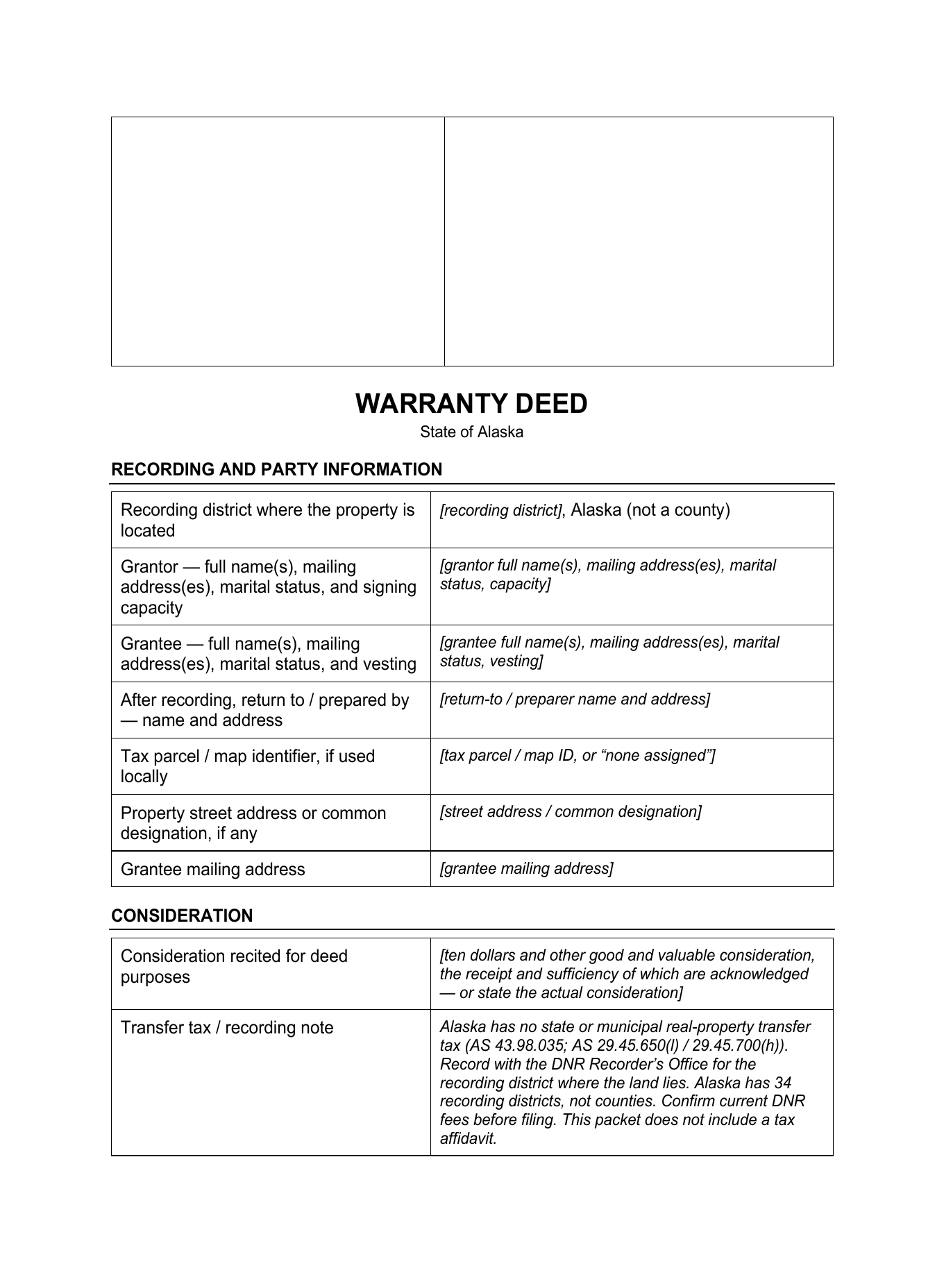 Page 1 of the blank Alaska Warranty Deed included in the download