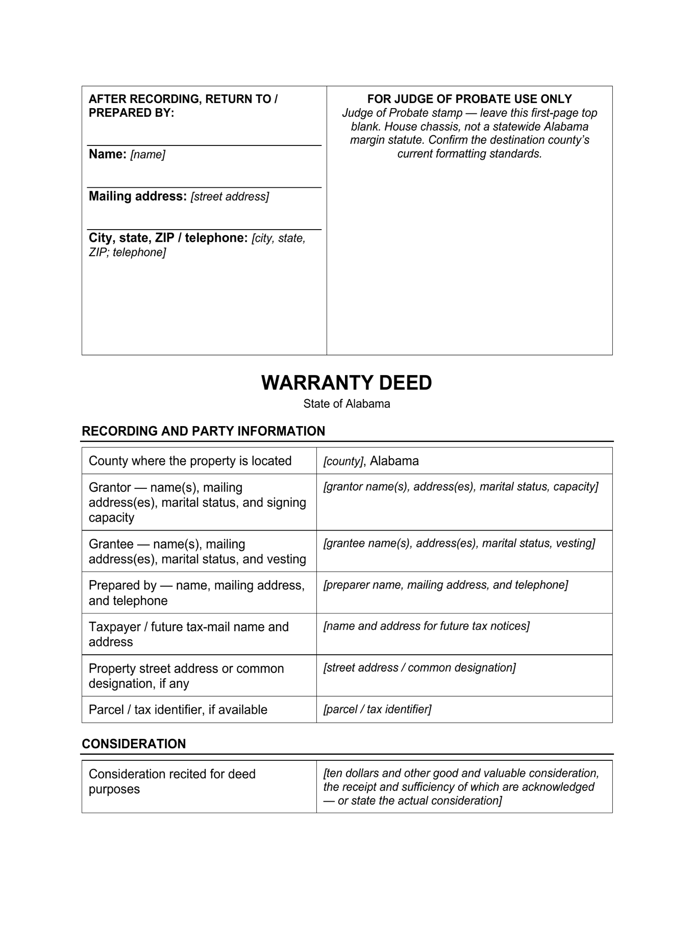 Page 1 of the blank Alabama Warranty Deed included in the download