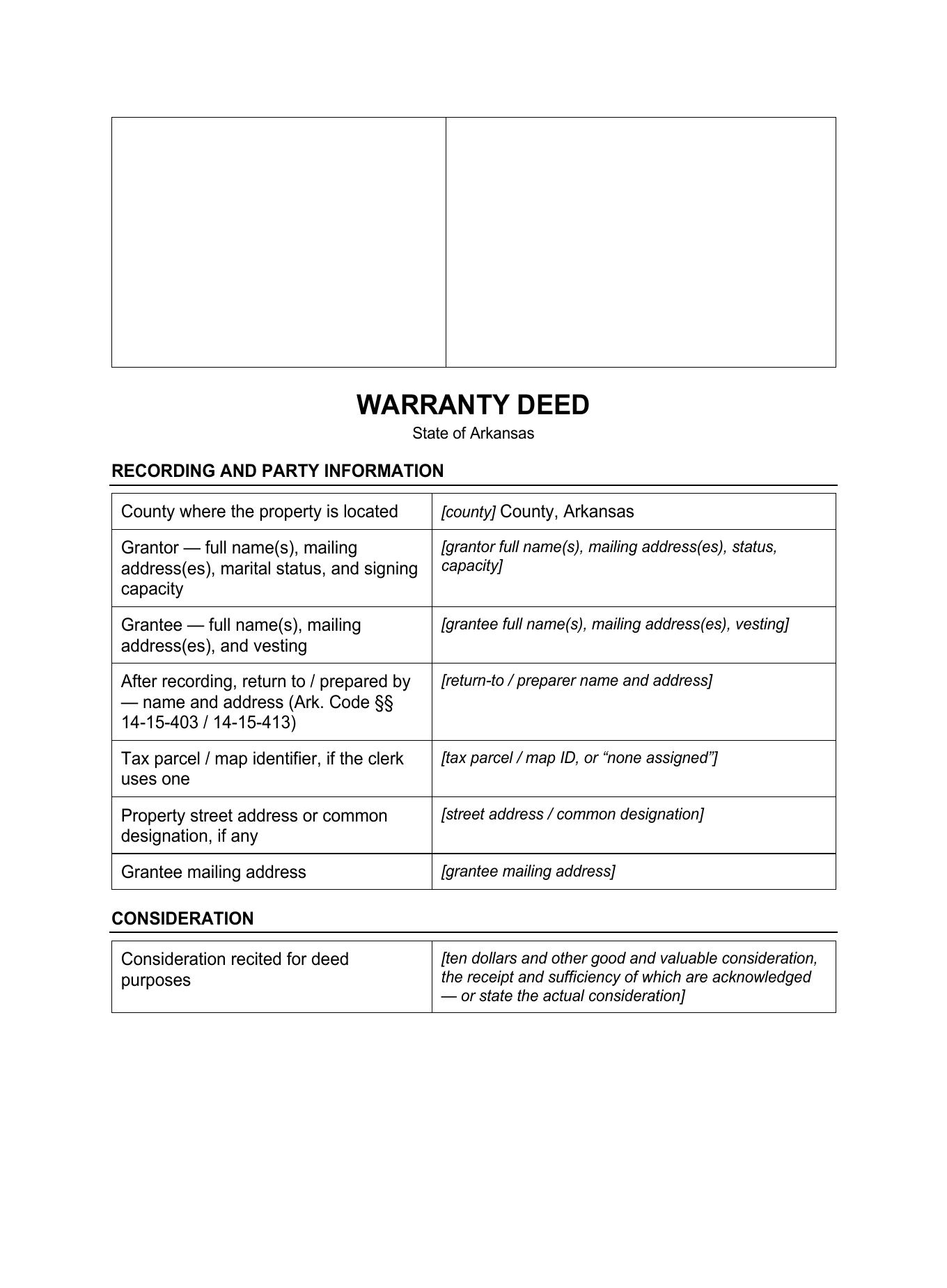 Page 1 of the blank Arkansas Warranty Deed included in the download