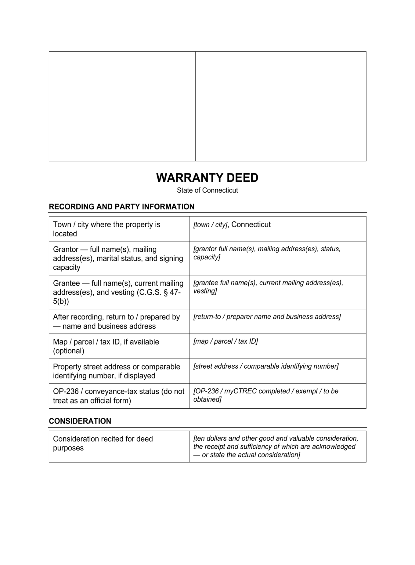 Page 1 of the blank Connecticut Warranty Deed included in the download